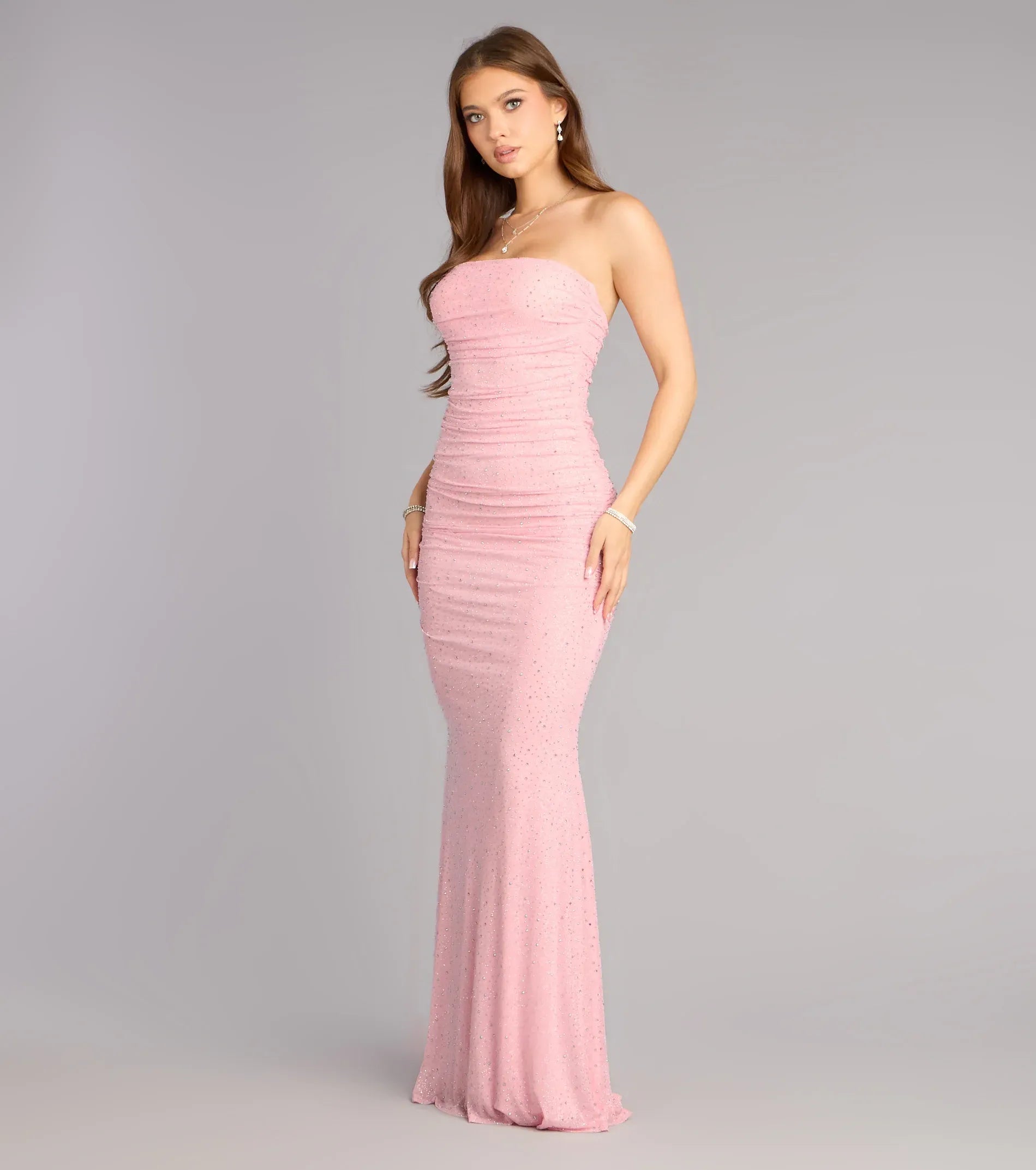 Blush Strapless Ruched Rhinestone Mermaid Maxi Wedding Guest Dress