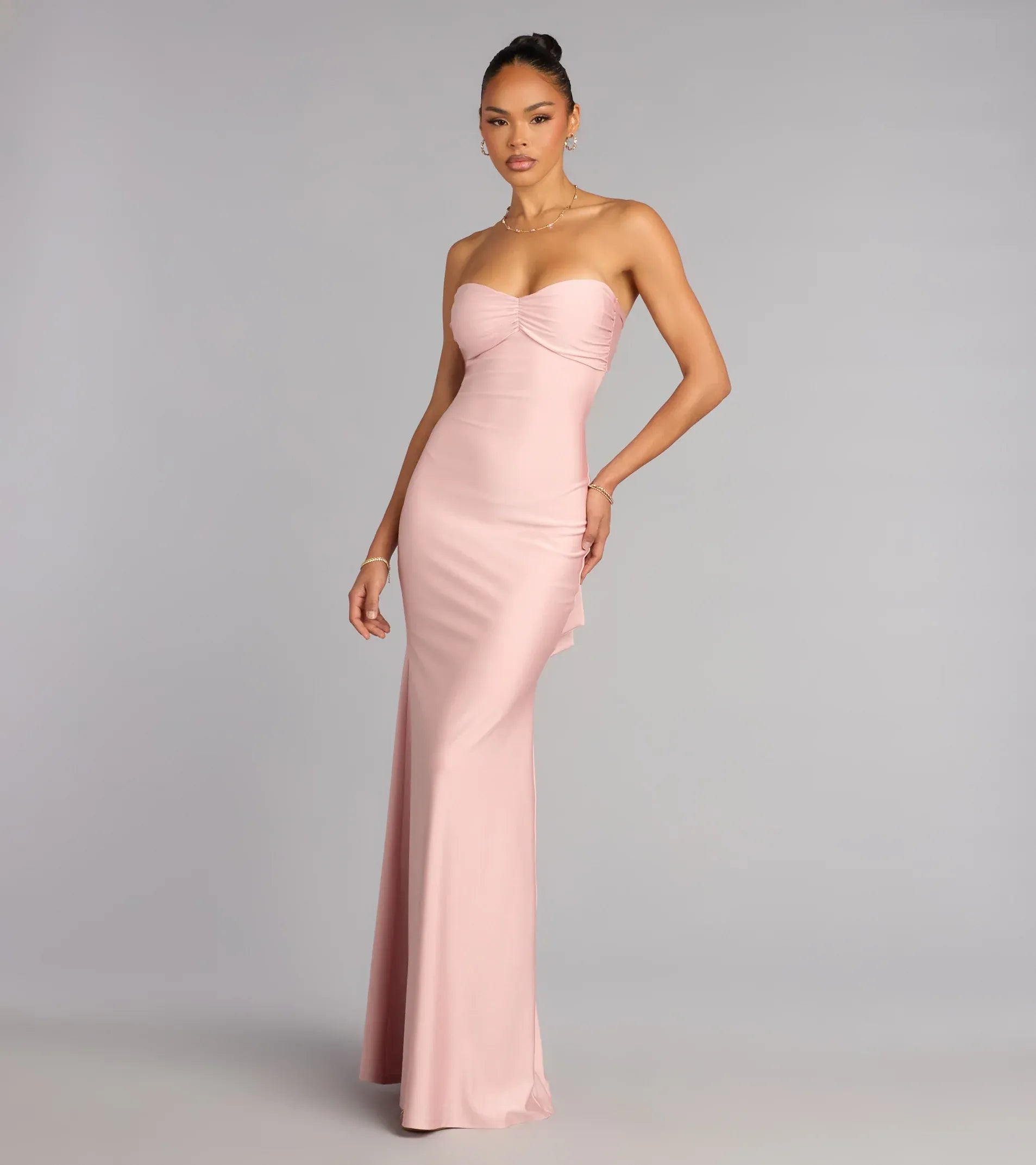 Blush Strapless Sweetheart Ruched Back Cutout Big Bow Mermaid Maxi Wedding Guest Dress