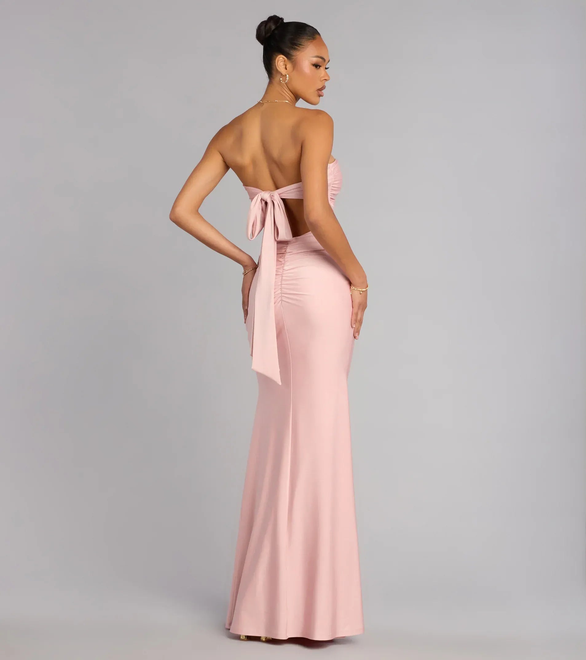 Blush Strapless Sweetheart Ruched Back Cutout Big Bow Mermaid Maxi Wedding Guest Dress