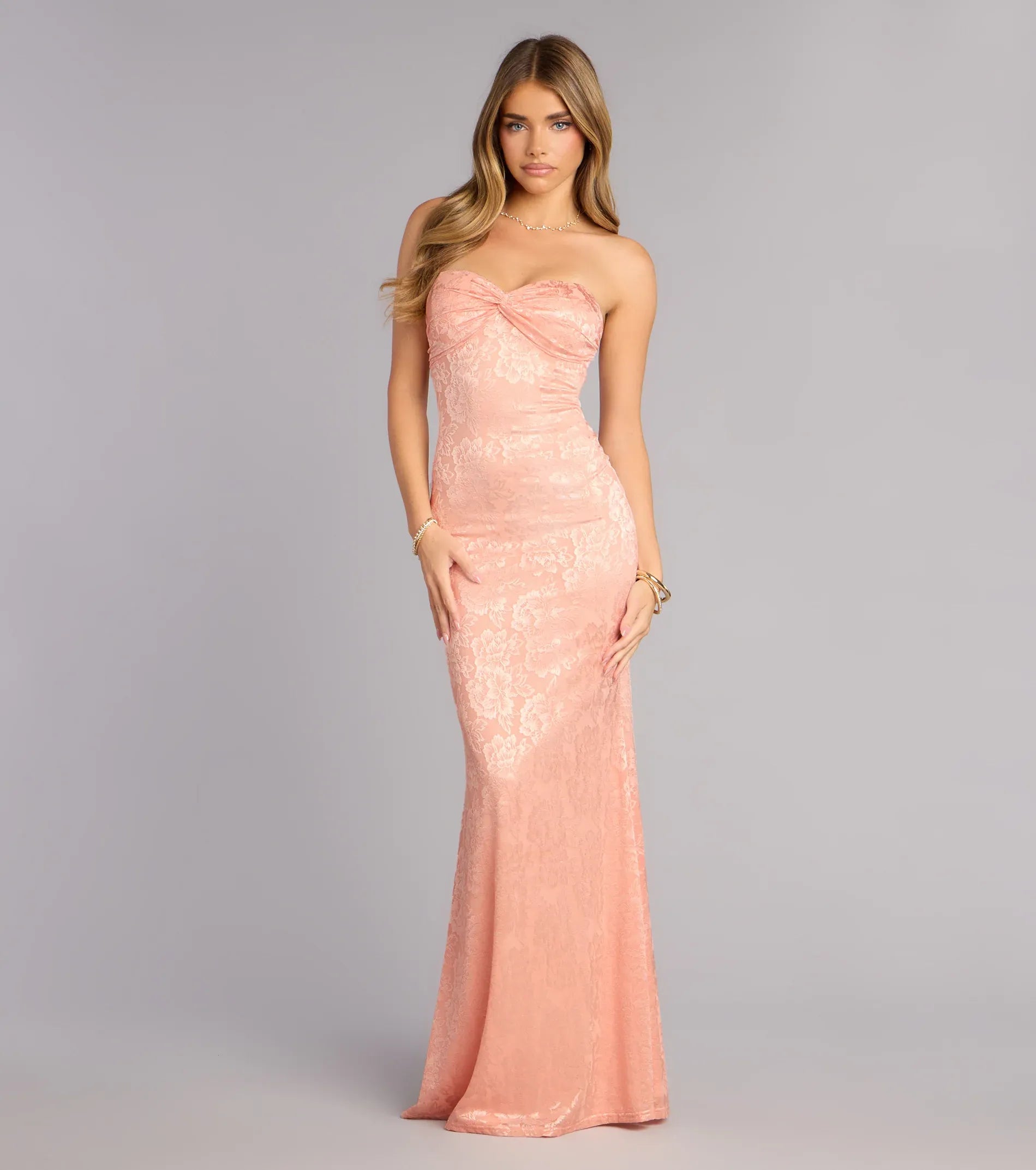 Blush Strapless Twist Floral Jacquard Low Back Mermaid Maxi Bridesmaid Dress