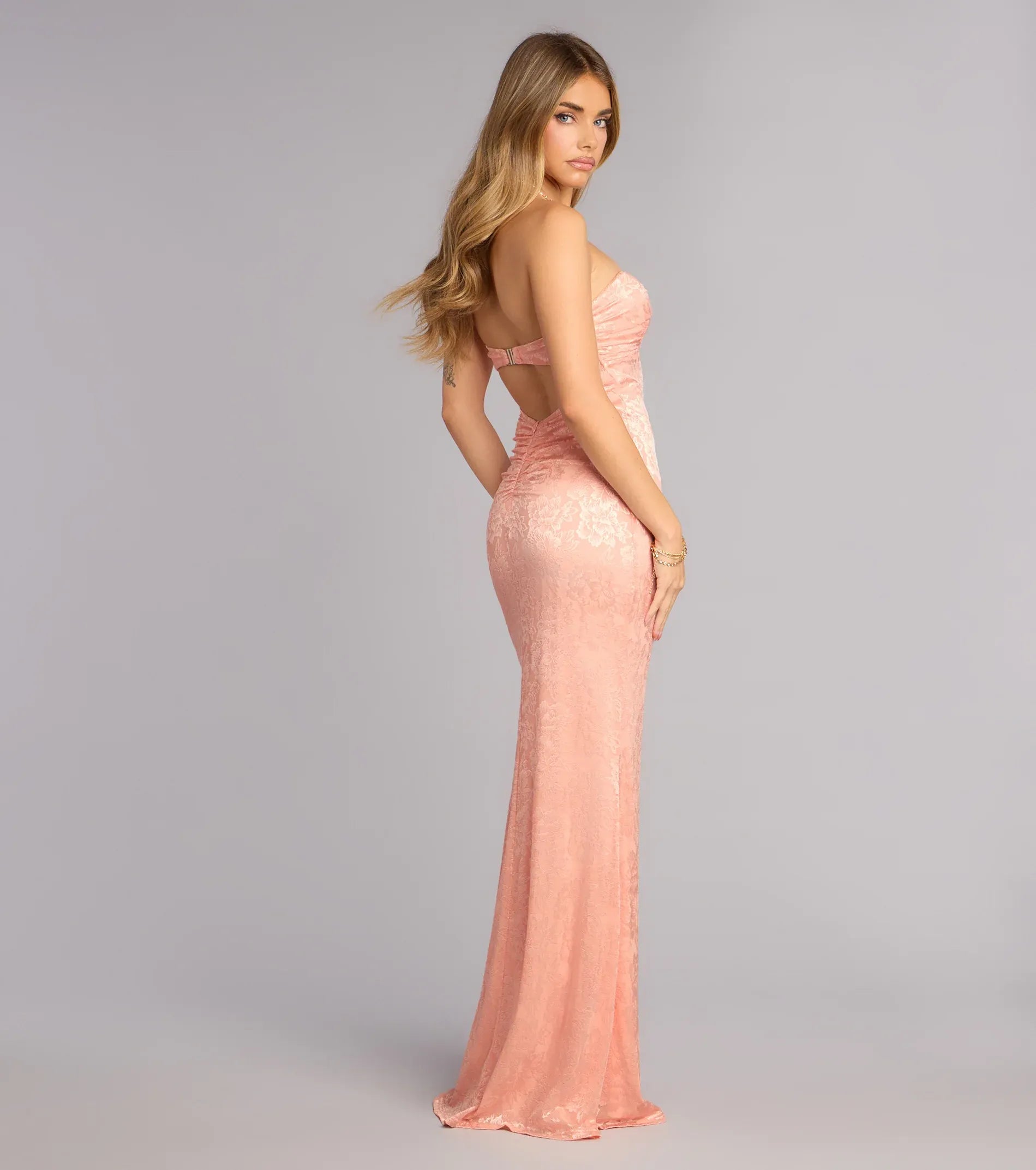 Blush Strapless Twist Floral Jacquard Low Back Mermaid Maxi Bridesmaid Dress