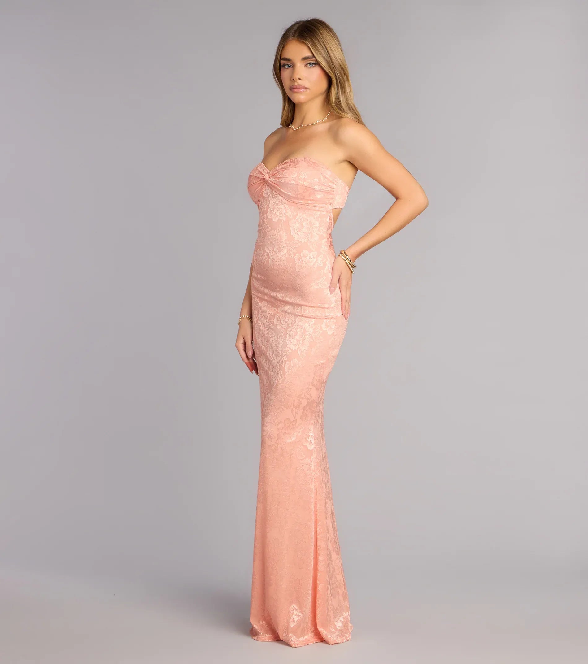 Blush Strapless Twist Floral Jacquard Low Back Mermaid Maxi Bridesmaid Dress