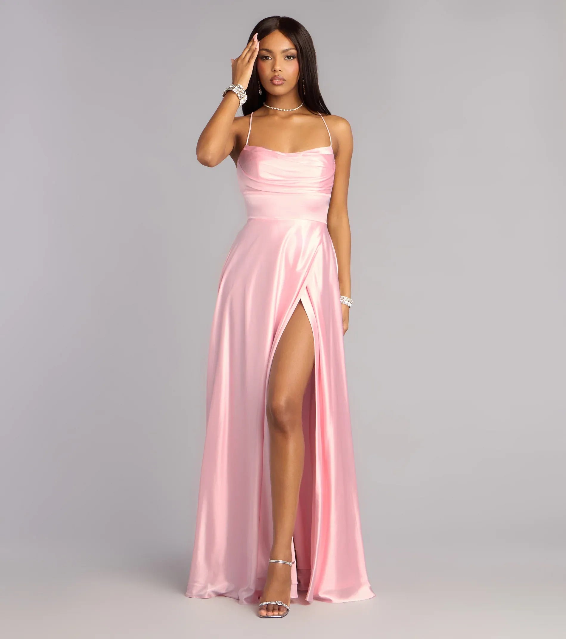 Blush Thin Spaghetti Strap Cowl Crisscross Lace Up Back High Slit Satin Maxi Wedding Guest Dress