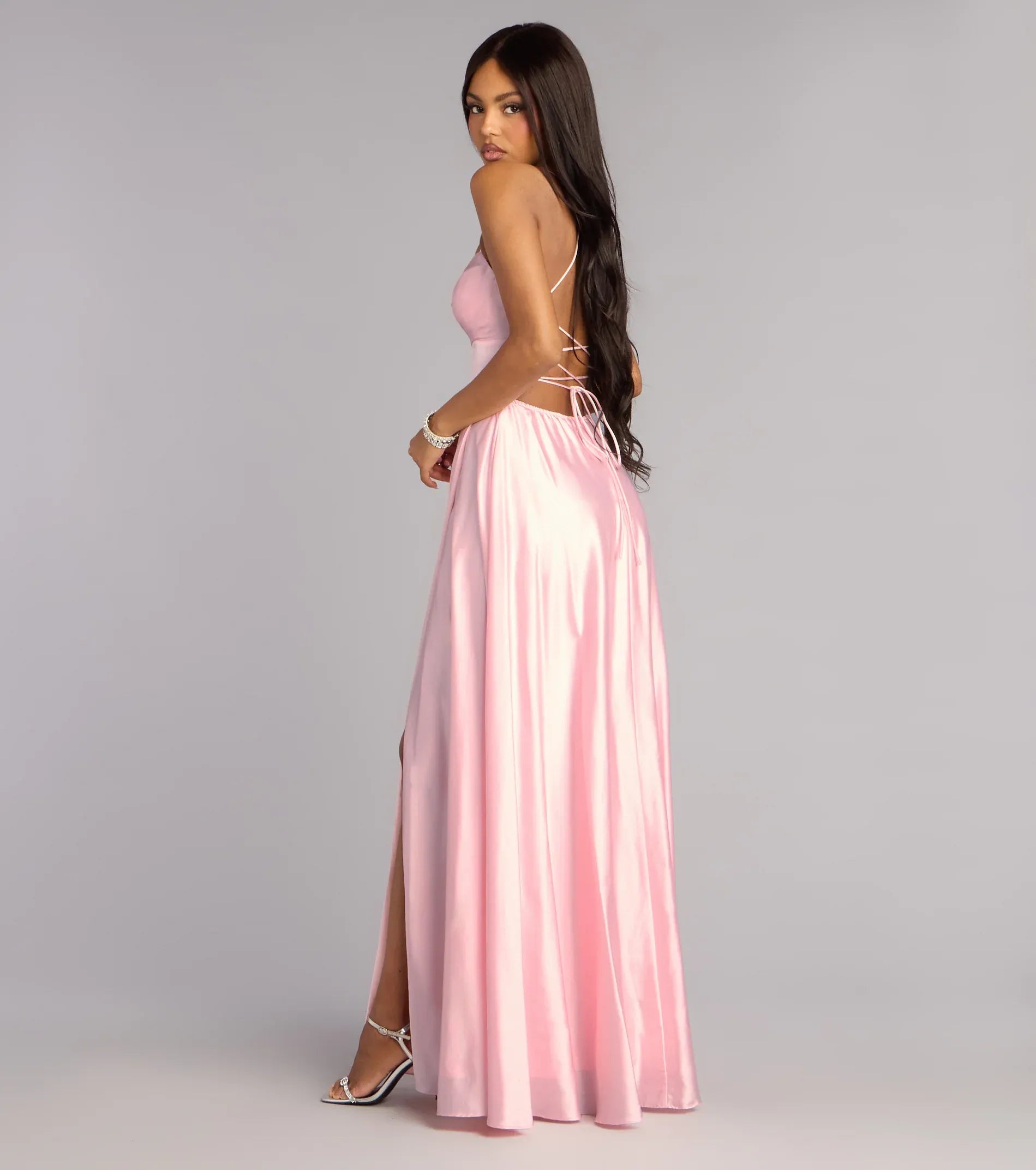 Blush Thin Spaghetti Strap Cowl Crisscross Lace Up Back High Slit Satin Maxi Wedding Guest Dress