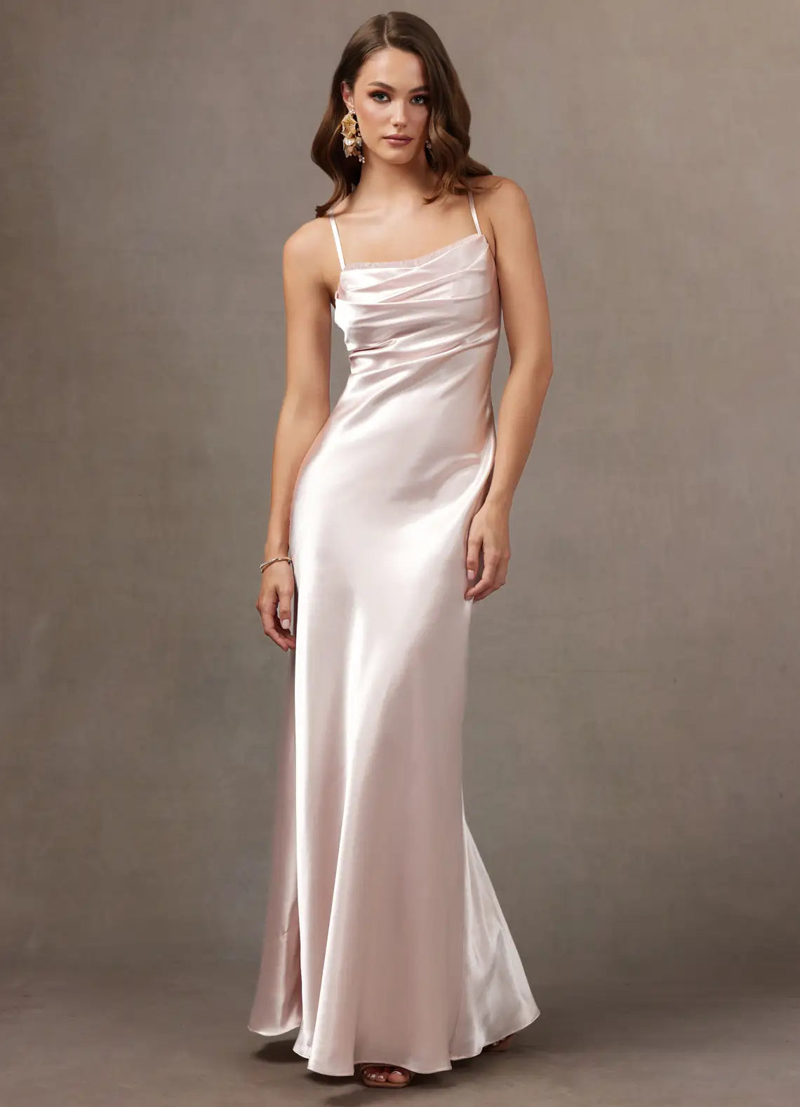 Blush Thin Spaghetti Strap Cowl Satin Mermaid Maxi Bridesmaid Dress