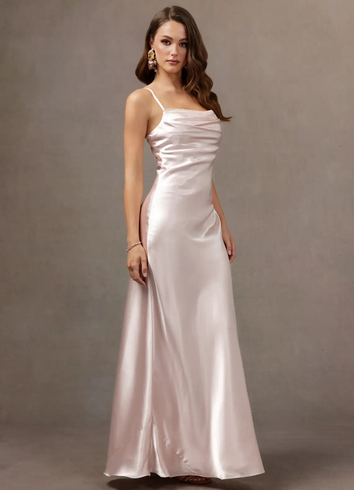 Blush Thin Spaghetti Strap Cowl Satin Mermaid Maxi Bridesmaid Dress