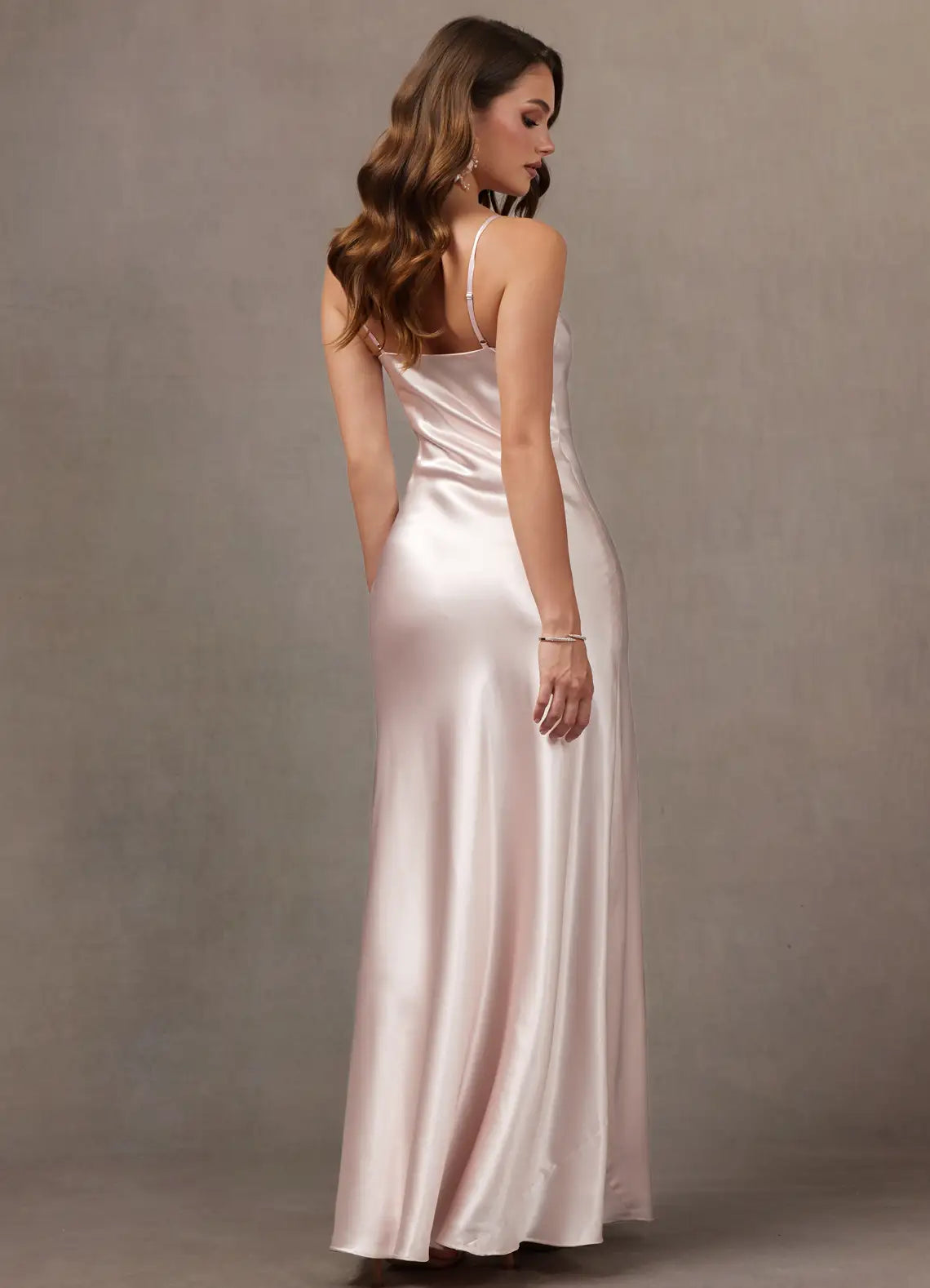 Blush Thin Spaghetti Strap Cowl Satin Mermaid Maxi Bridesmaid Dress