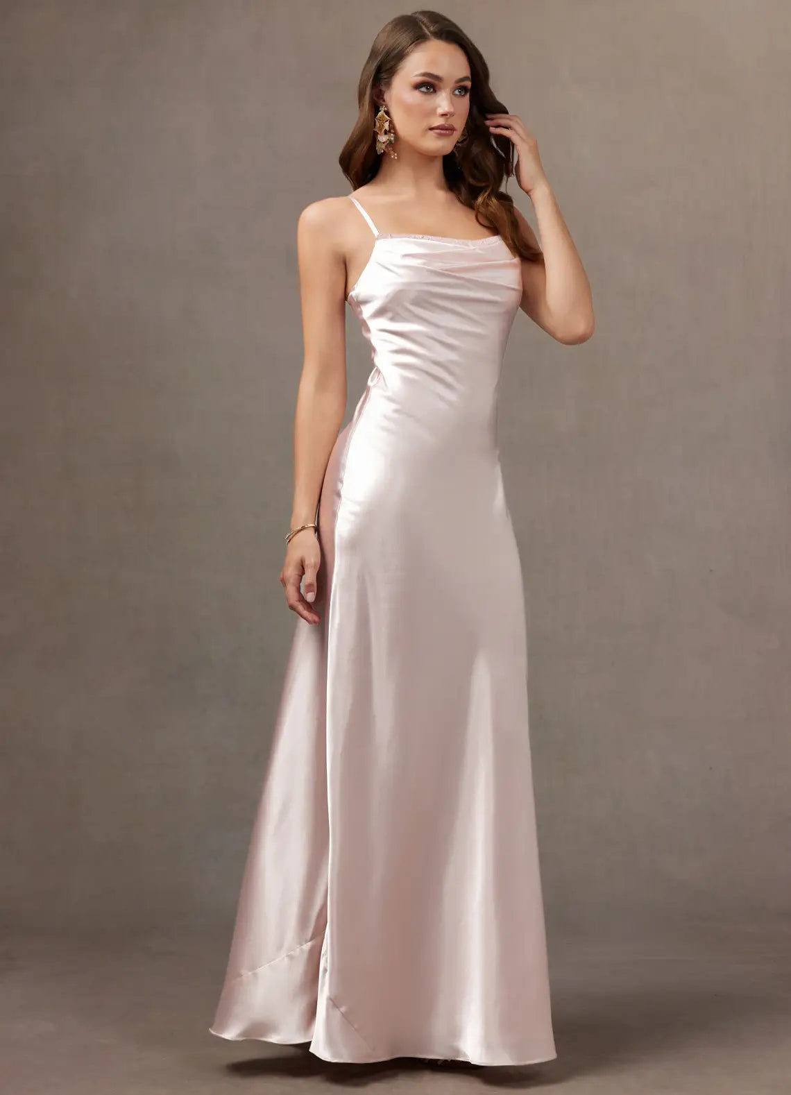 Blush Thin Spaghetti Strap Cowl Satin Mermaid Maxi Bridesmaid Dress