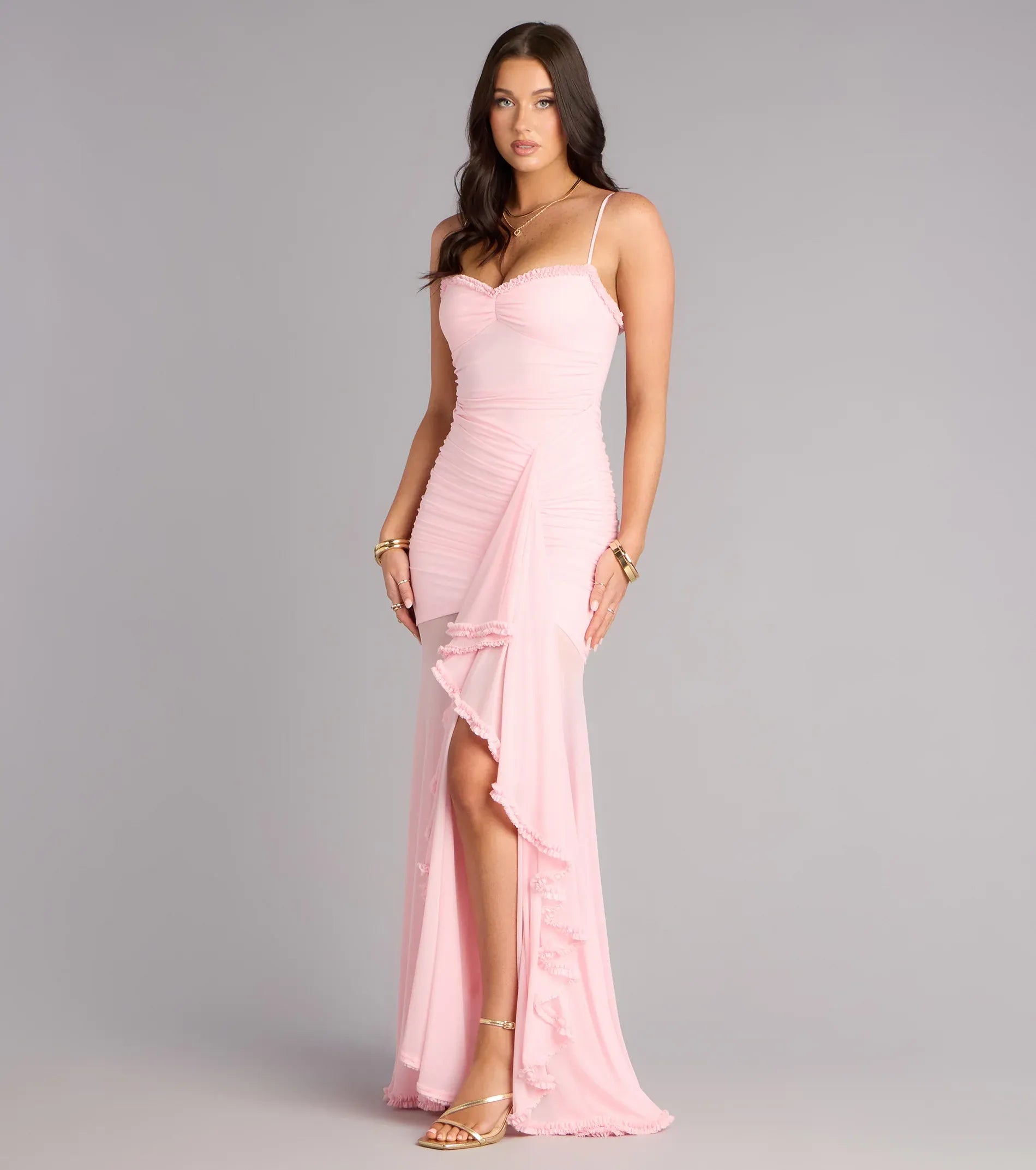 Blush Thin Spaghetti Strap Ruched Ruffle Mesh Slit Mermaid Maxi Wedding Guest Dress