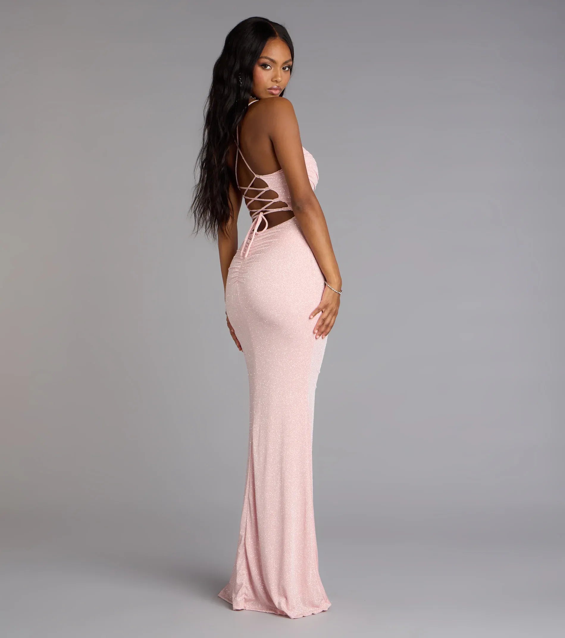 Blush Thin Spaghetti Strap Ruched Square Lace Up Back High Slit Glitter Mermaid Maxi Wedding Guest Dress