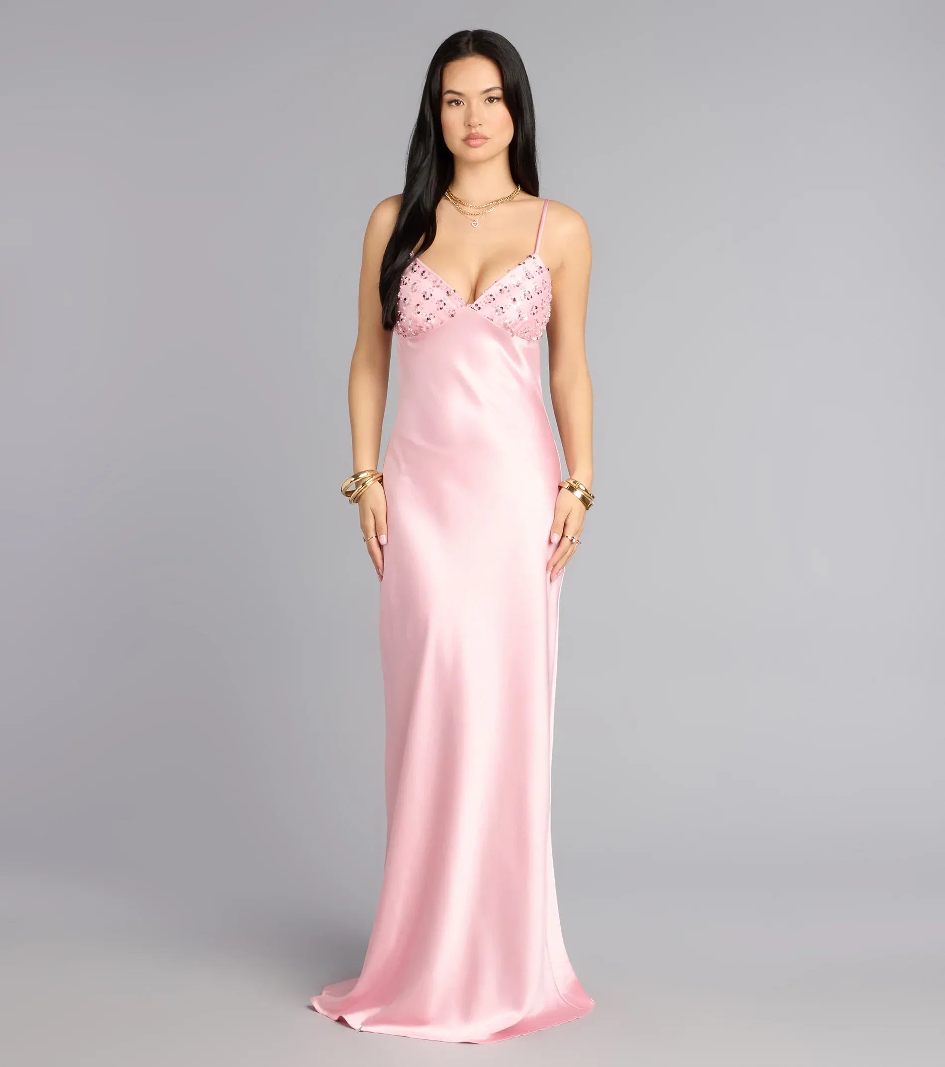 Blush Thin Spaghetti Strap Sequin Cowl Open Back Satin Mermaid Maxi Wedding Guest Dress