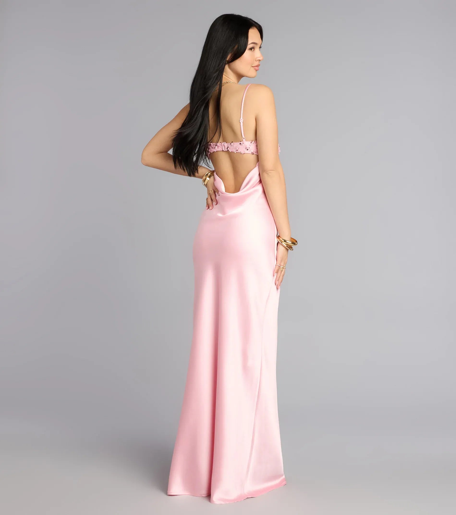 Blush Thin Spaghetti Strap Sequin Cowl Open Back Satin Mermaid Maxi Wedding Guest Dress