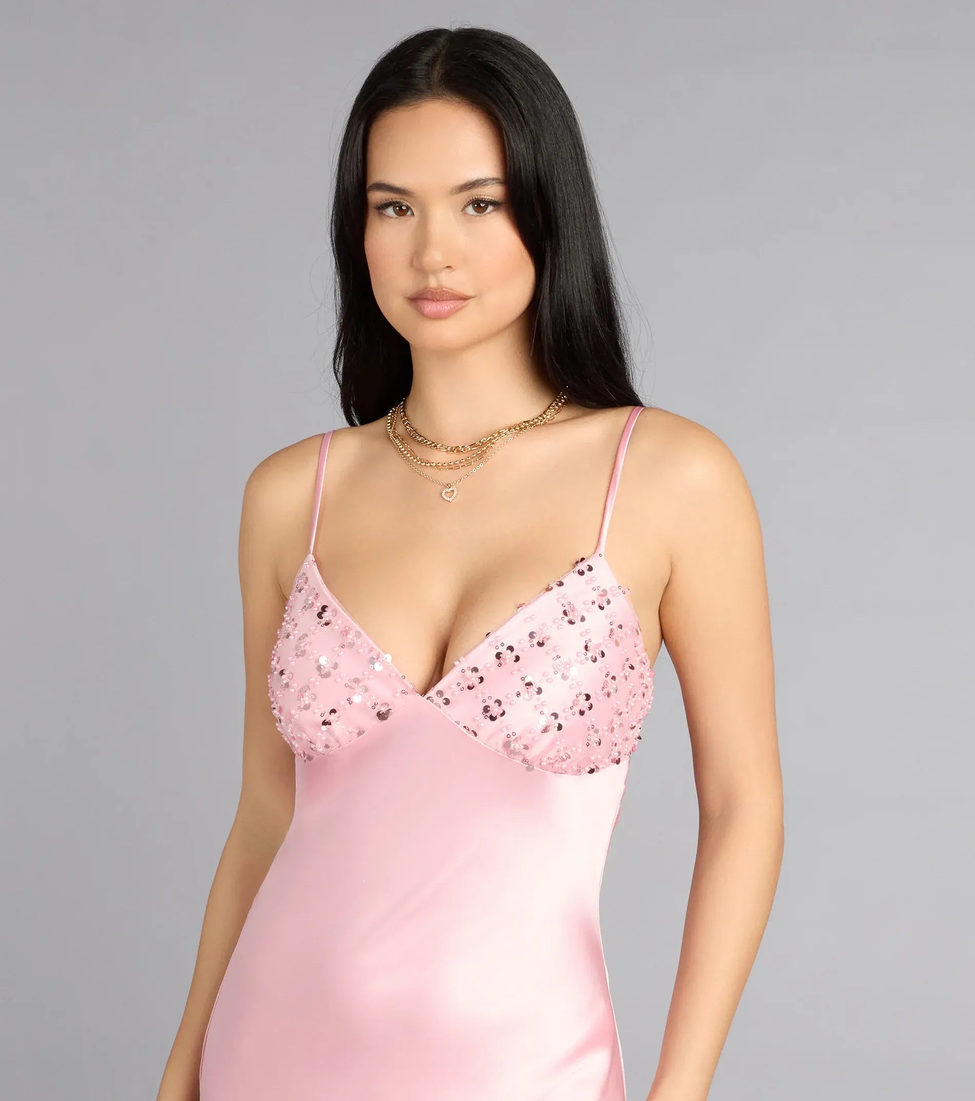 Blush Thin Spaghetti Strap Sequin Cowl Open Back Satin Mermaid Maxi Wedding Guest Dress