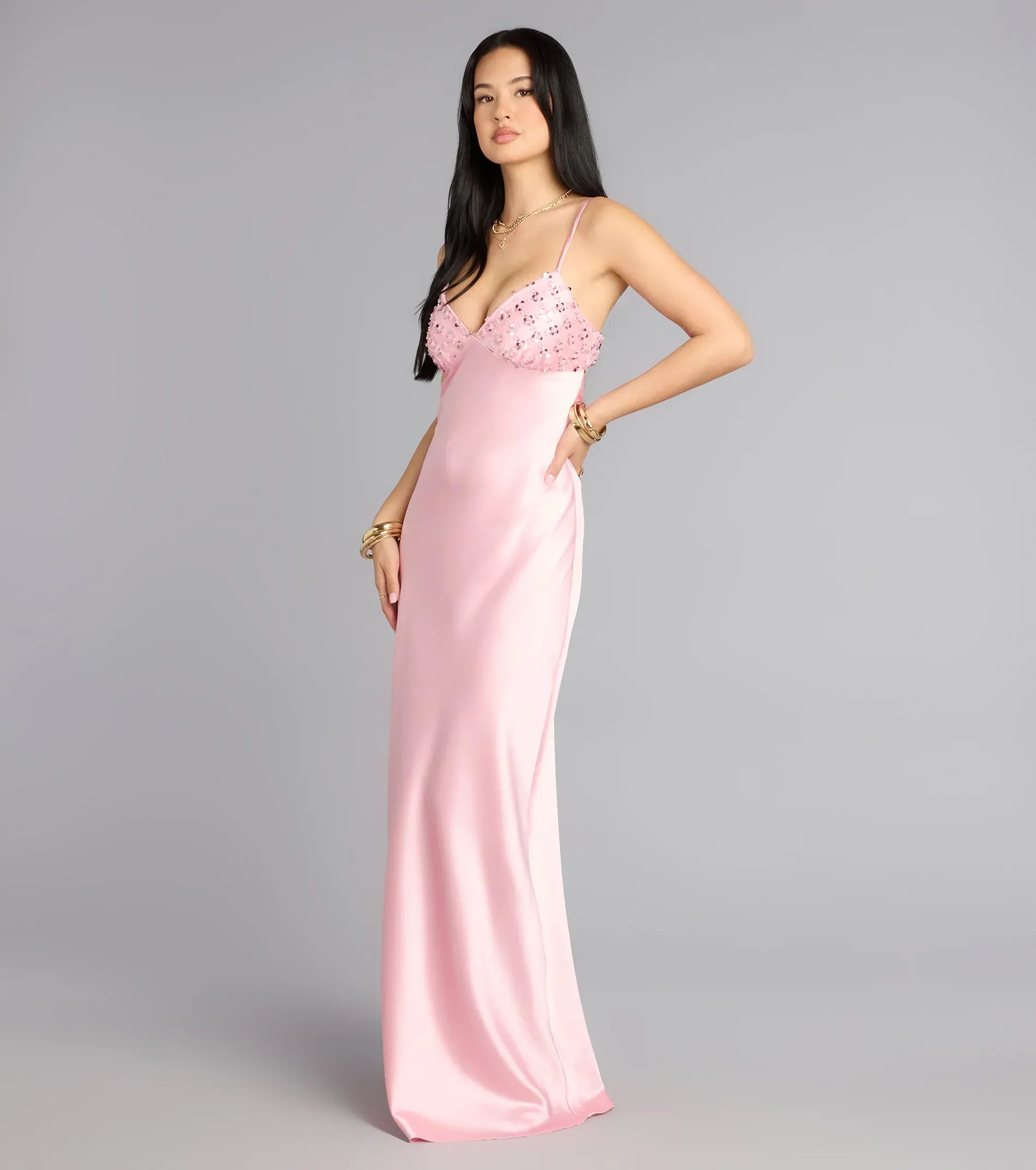 Blush Thin Spaghetti Strap Sequin Cowl Open Back Satin Mermaid Maxi Wedding Guest Dress