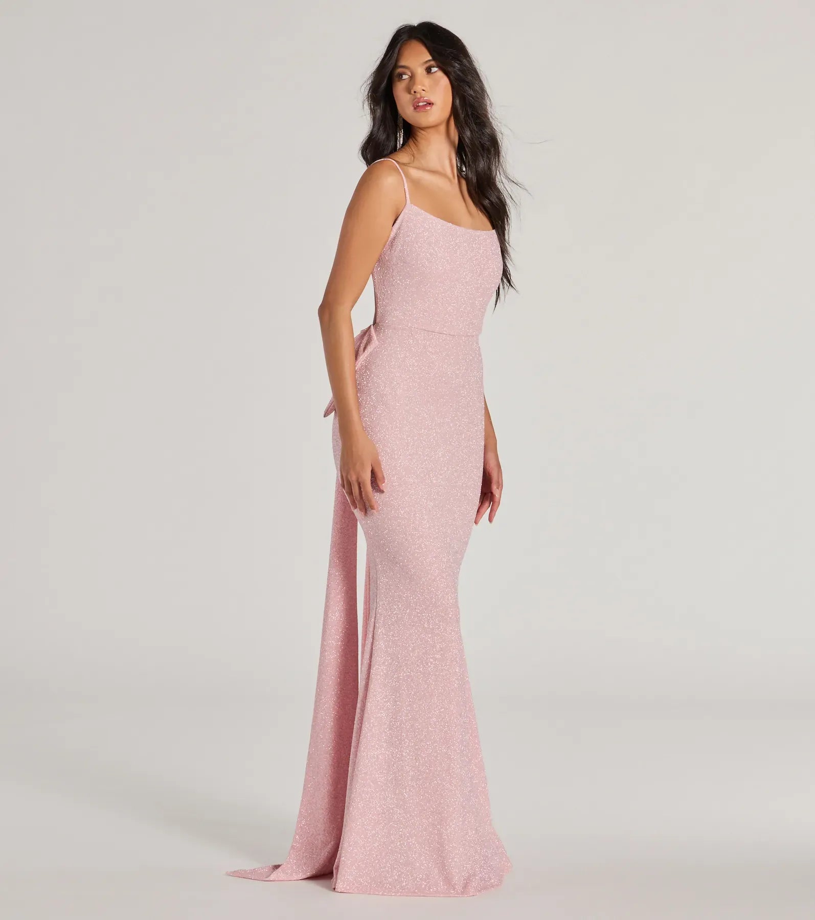 Blush Thin Spaghetti Strap Square Open Back Big Bow Train Glitter Mermaid Maxi Wedding Guest Dress