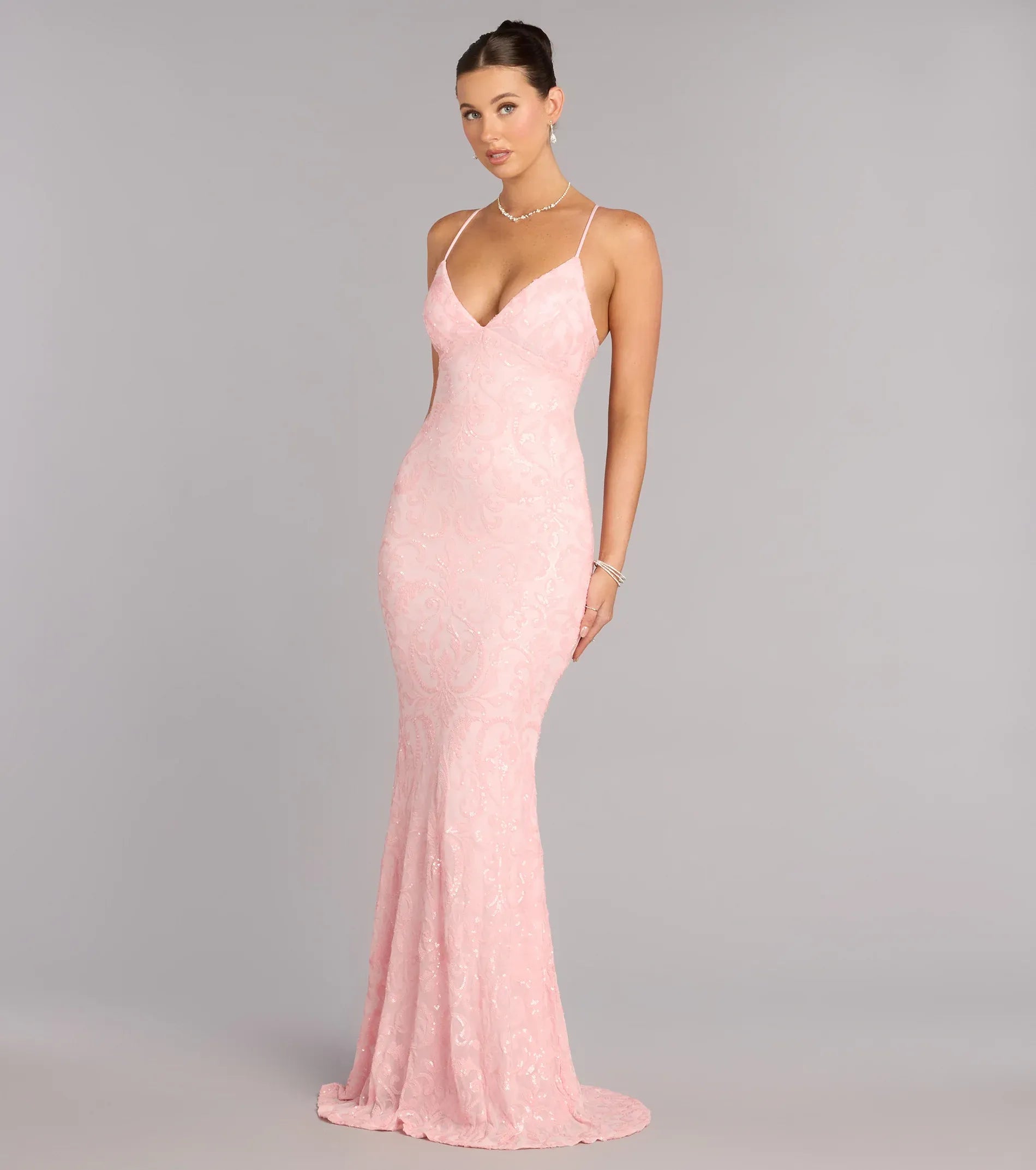 Blush Thin Spaghetti Strap V Floral Sequin Lace Up Mermaid Maxi Wedding Guest Dress