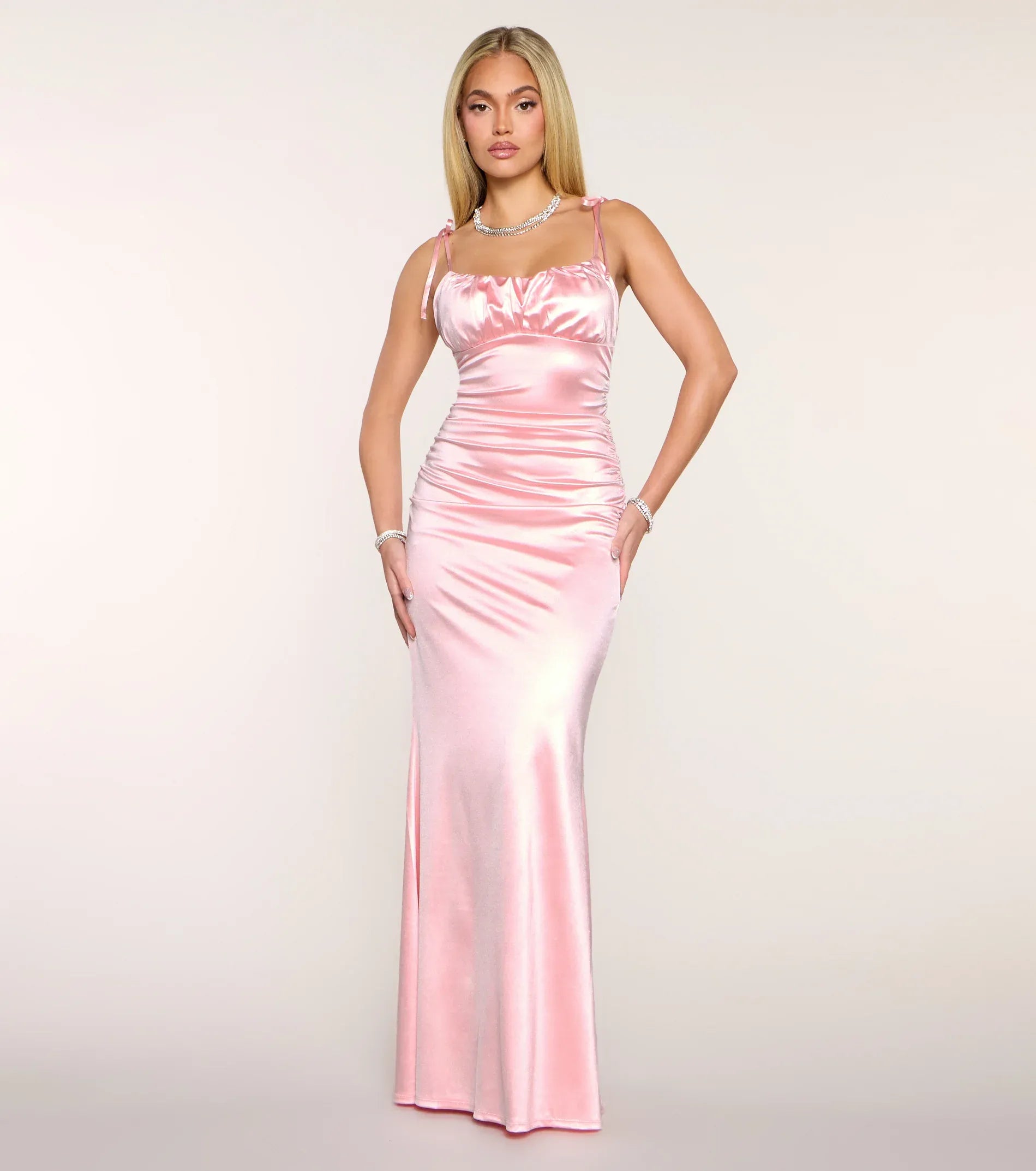 Blush Tie Spaghetti Strap Gathered Bust Side Ruched Lace Up Back Satin Mermaid Maxi Wedding Guest Dress