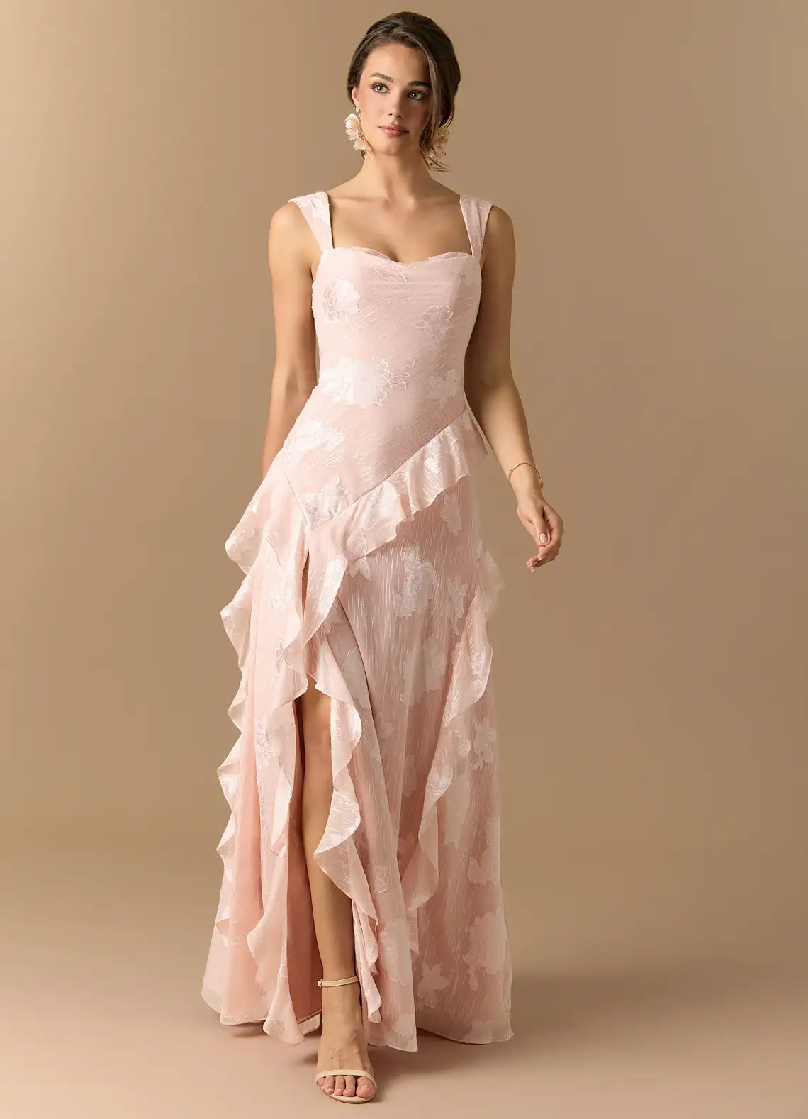 Blush Wide Strap Square Cowl Back Floral Jacquard Ruffle Slit Maxi Bridesmaid Dress