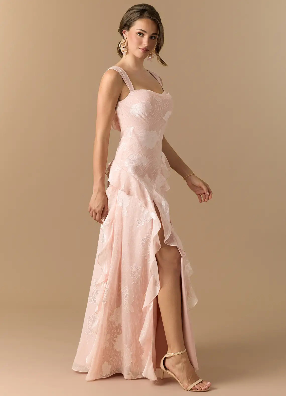 Blush Wide Strap Square Cowl Back Floral Jacquard Ruffle Slit Maxi Bridesmaid Dress