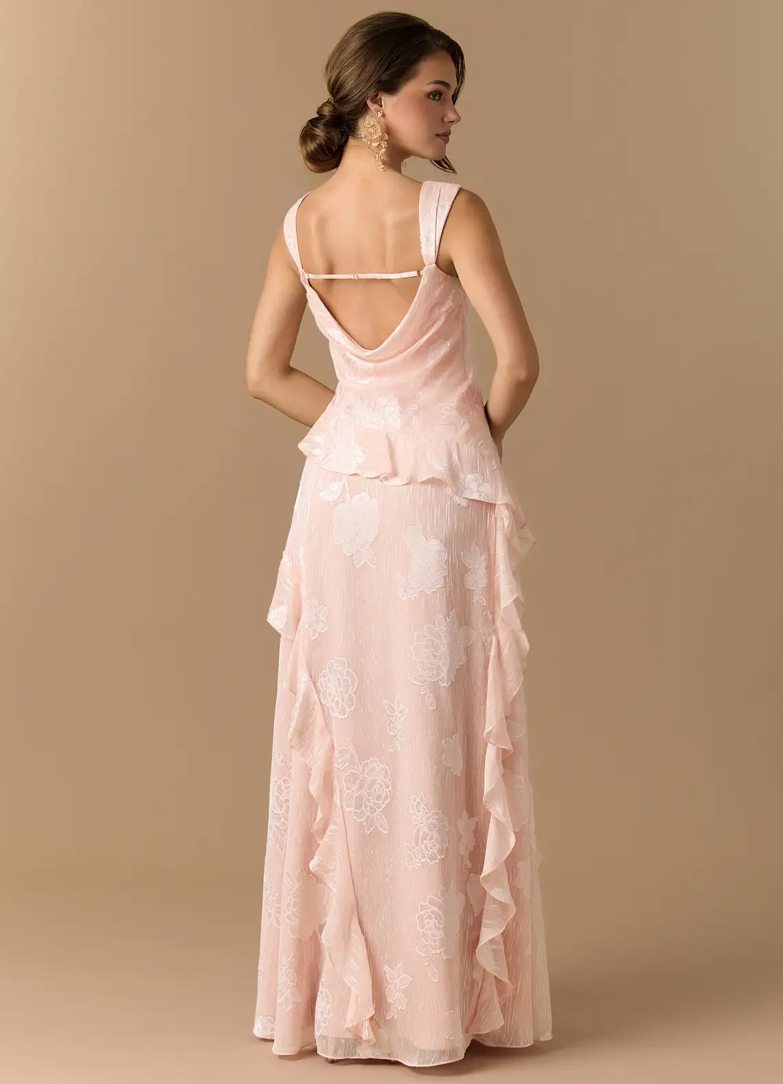 Blush Wide Strap Square Cowl Back Floral Jacquard Ruffle Slit Maxi Bridesmaid Dress