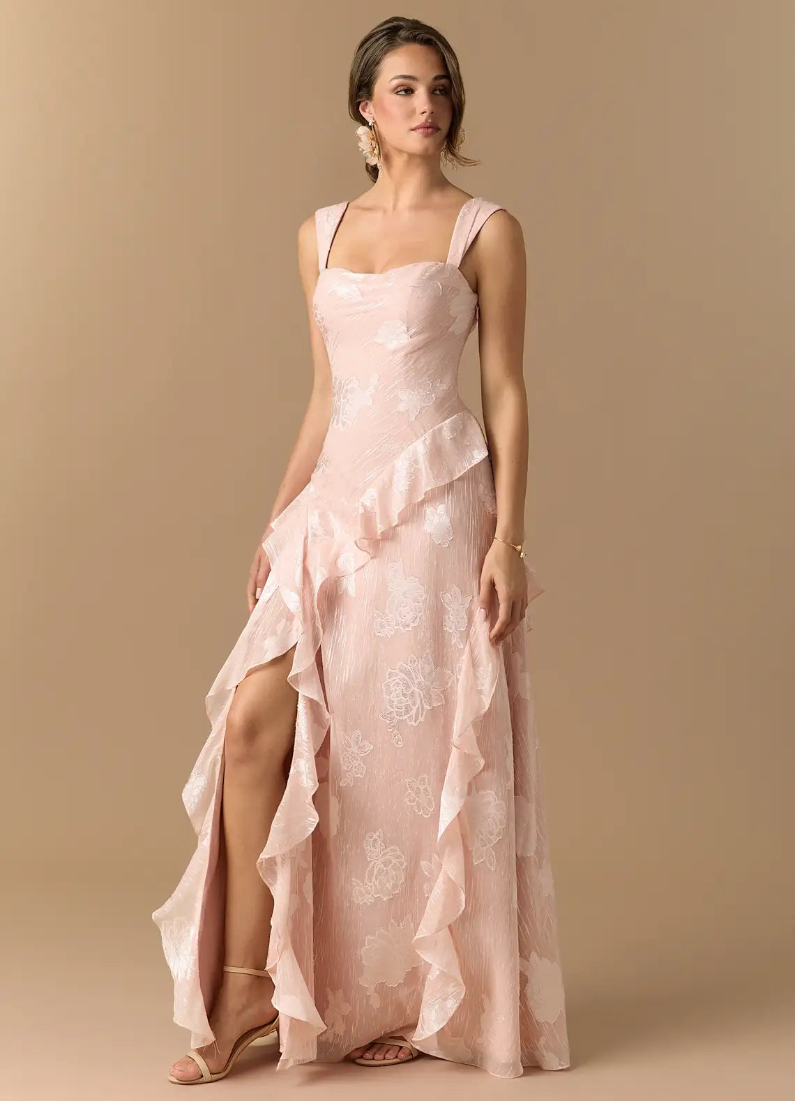 Blush Wide Strap Square Cowl Back Floral Jacquard Ruffle Slit Maxi Bridesmaid Dress