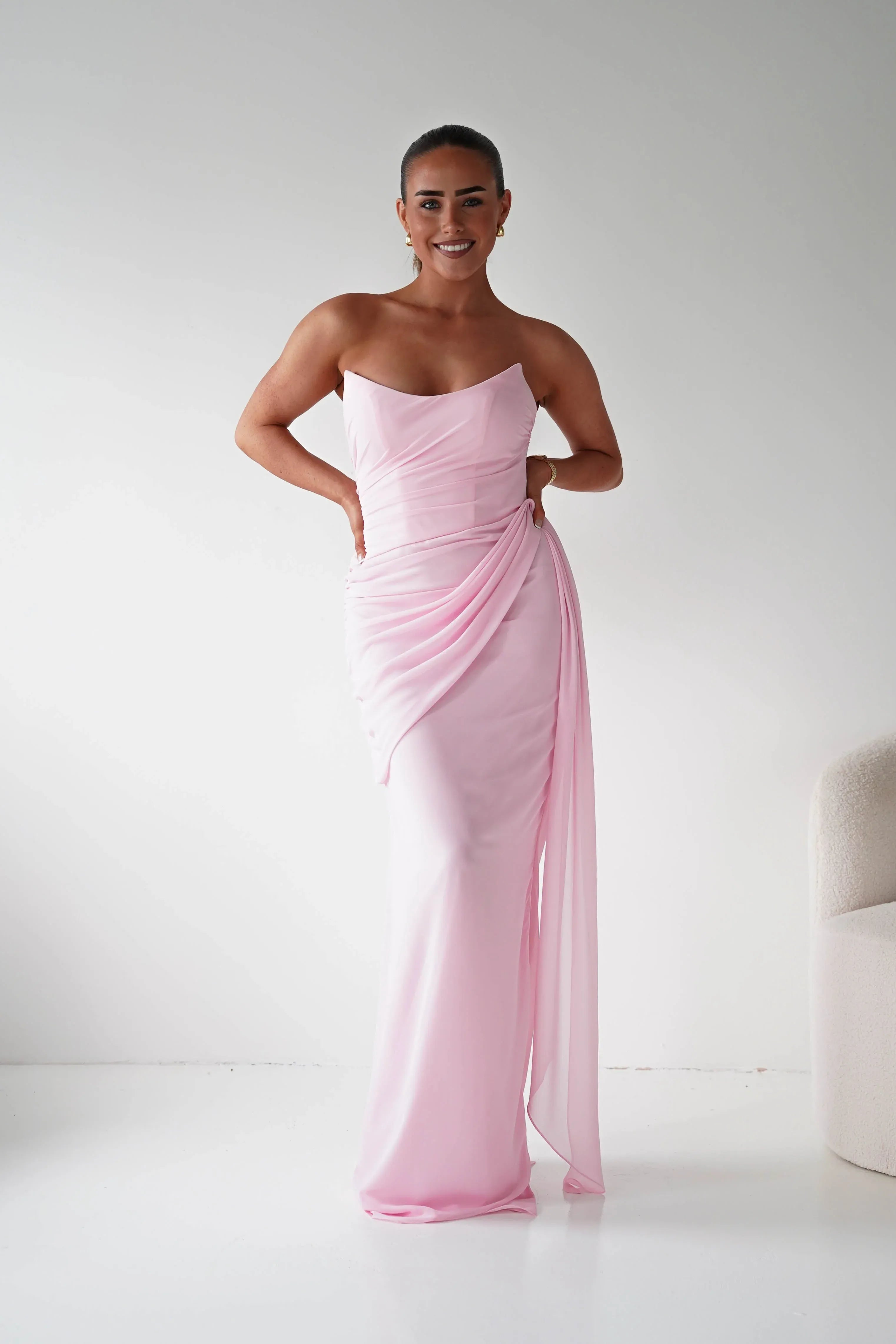Blush Pink Strapless Chiffon Bridesmaid Dress with Lace-Up Back and Side Drape