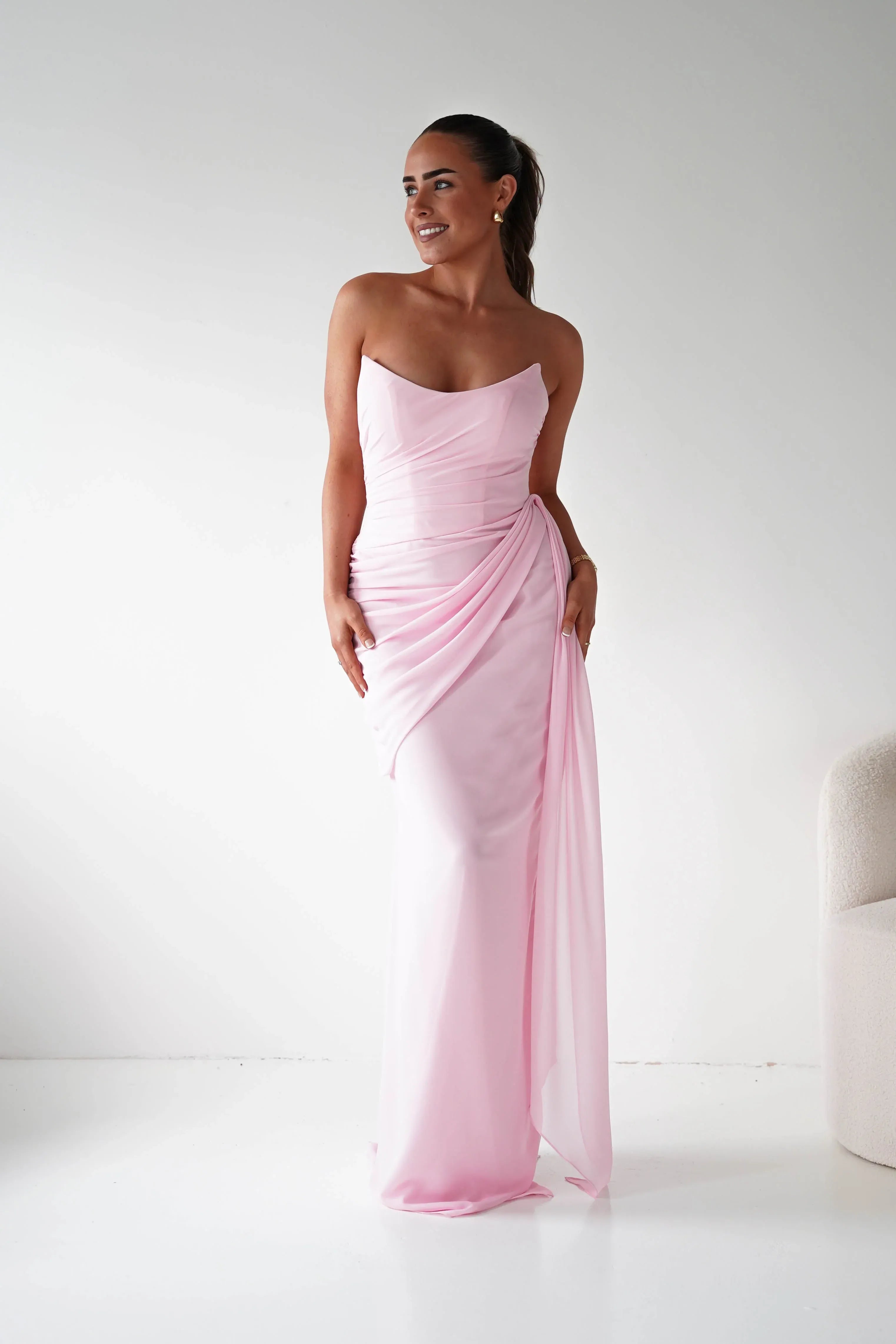 Blush Pink Strapless Chiffon Bridesmaid Dress with Lace-Up Back and Side Drape