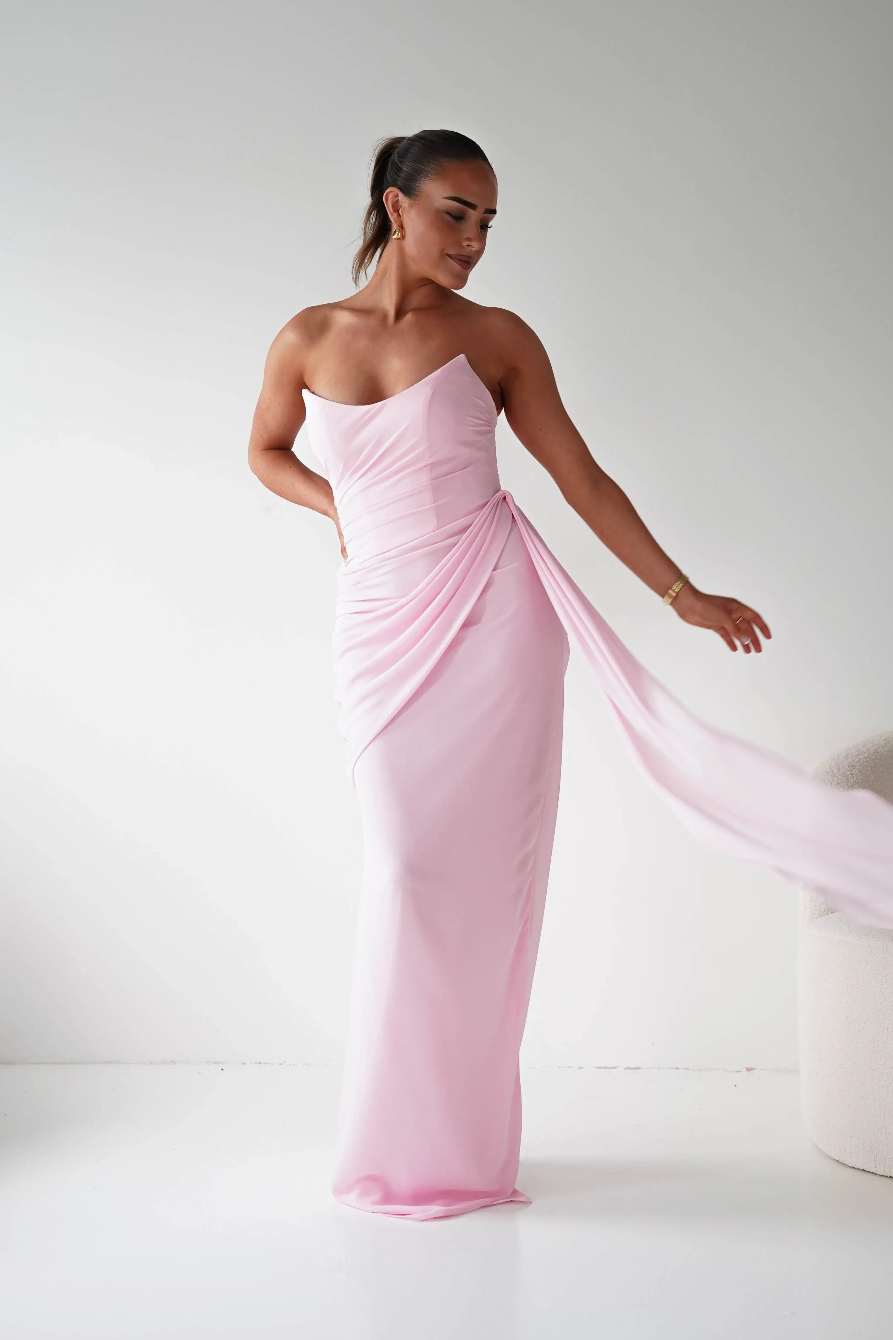 Blush Pink Strapless Chiffon Bridesmaid Dress with Lace-Up Back and Side Drape