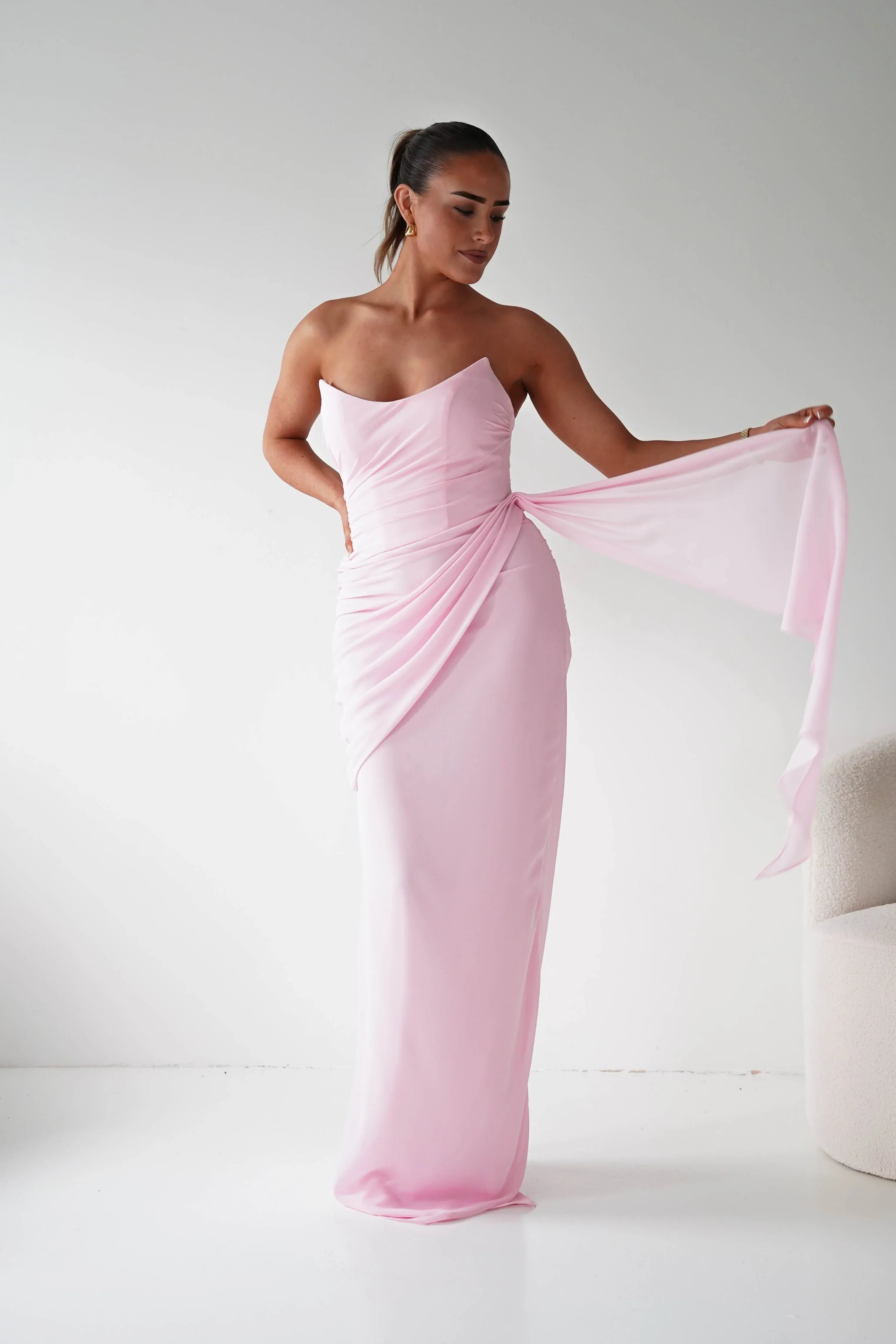 Blush Pink Strapless Chiffon Bridesmaid Dress with Lace-Up Back and Side Drape