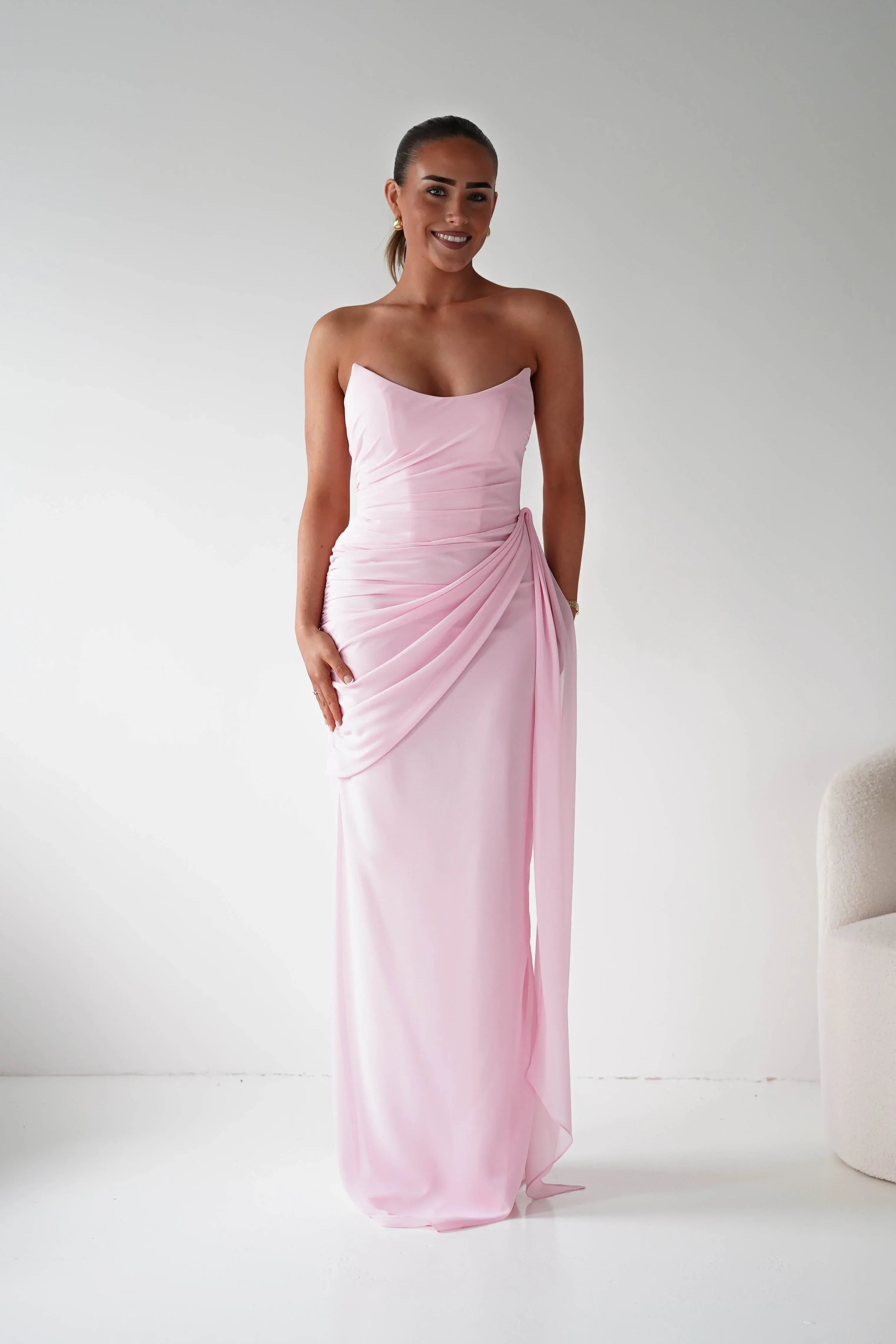 Blush Pink Strapless Chiffon Bridesmaid Dress with Lace-Up Back and Side Drape