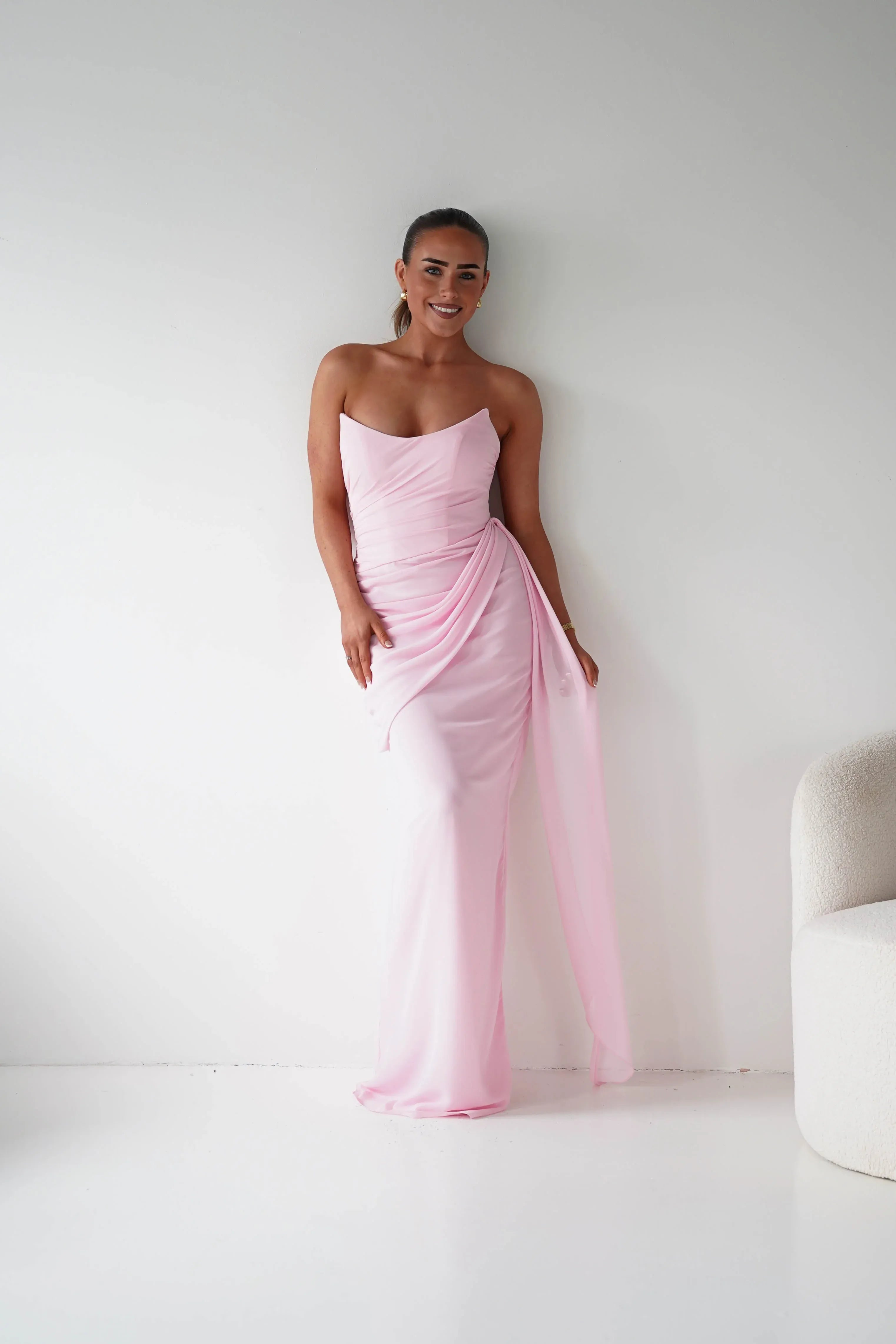 Blush Pink Strapless Chiffon Bridesmaid Dress with Lace-Up Back and Side Drape