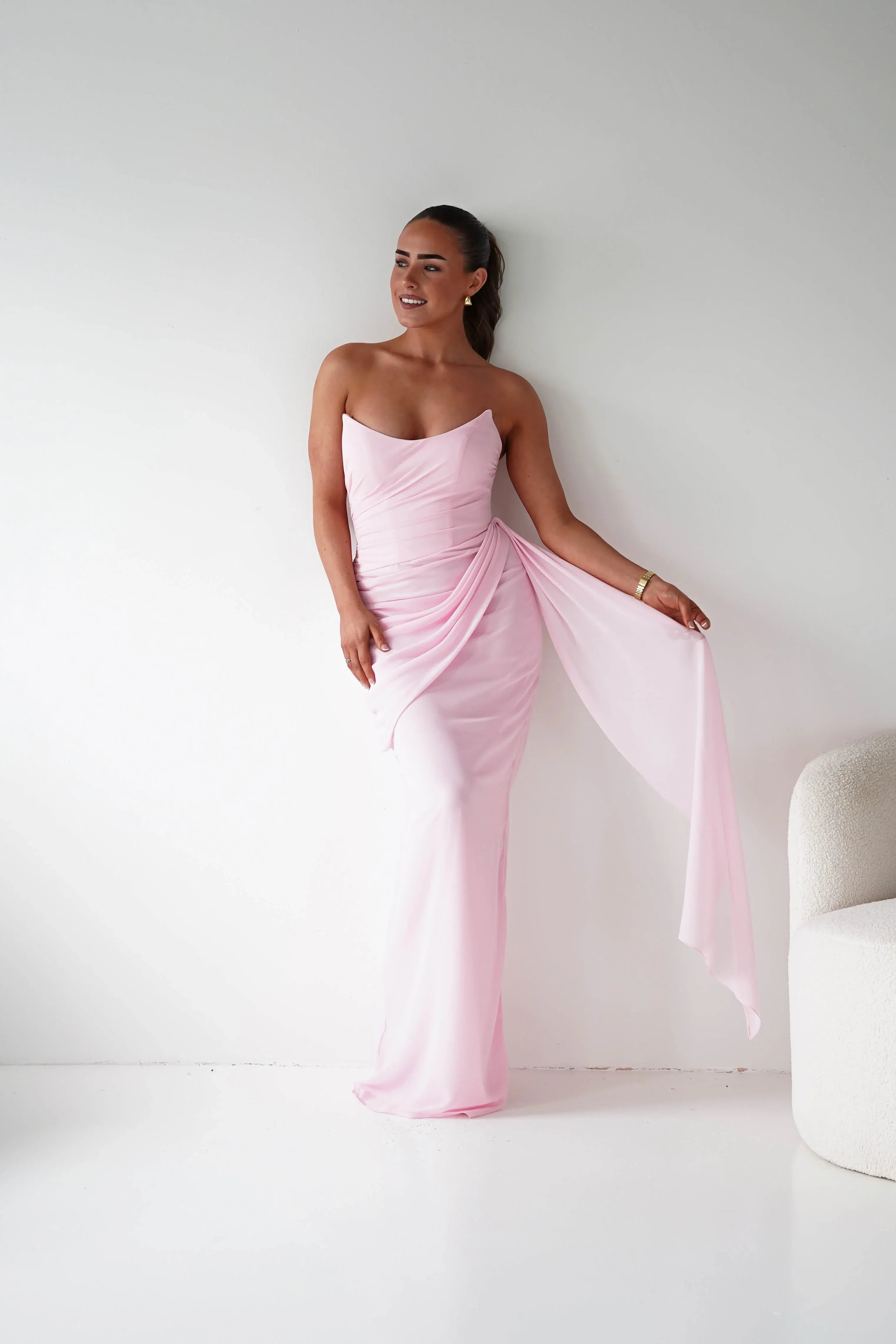 Blush Pink Strapless Chiffon Bridesmaid Dress with Lace-Up Back and Side Drape