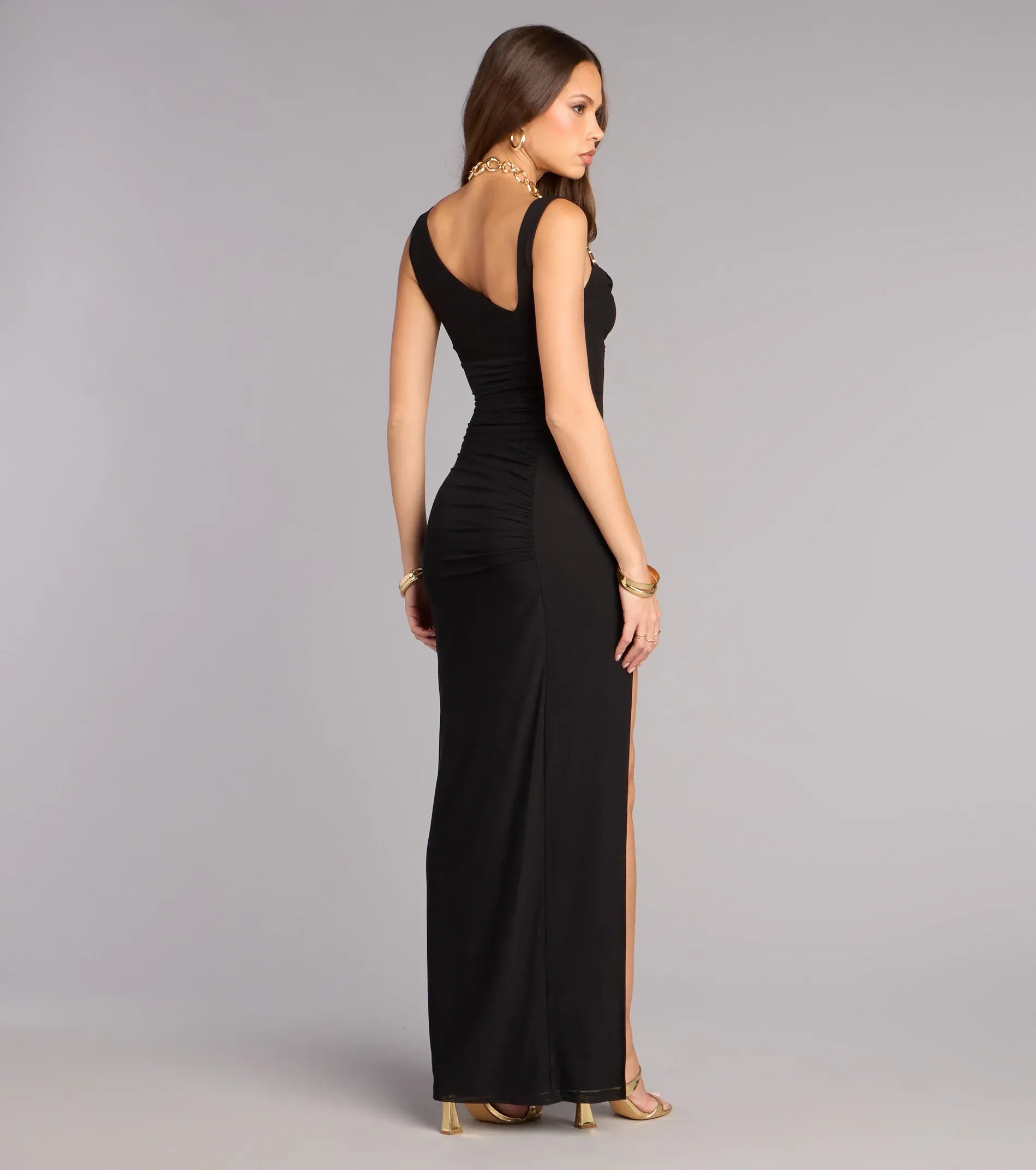 Bodyguards Cowl Asymmetrical Strap Ruched Thigh-Slit Maxi Wedding Guest Dress