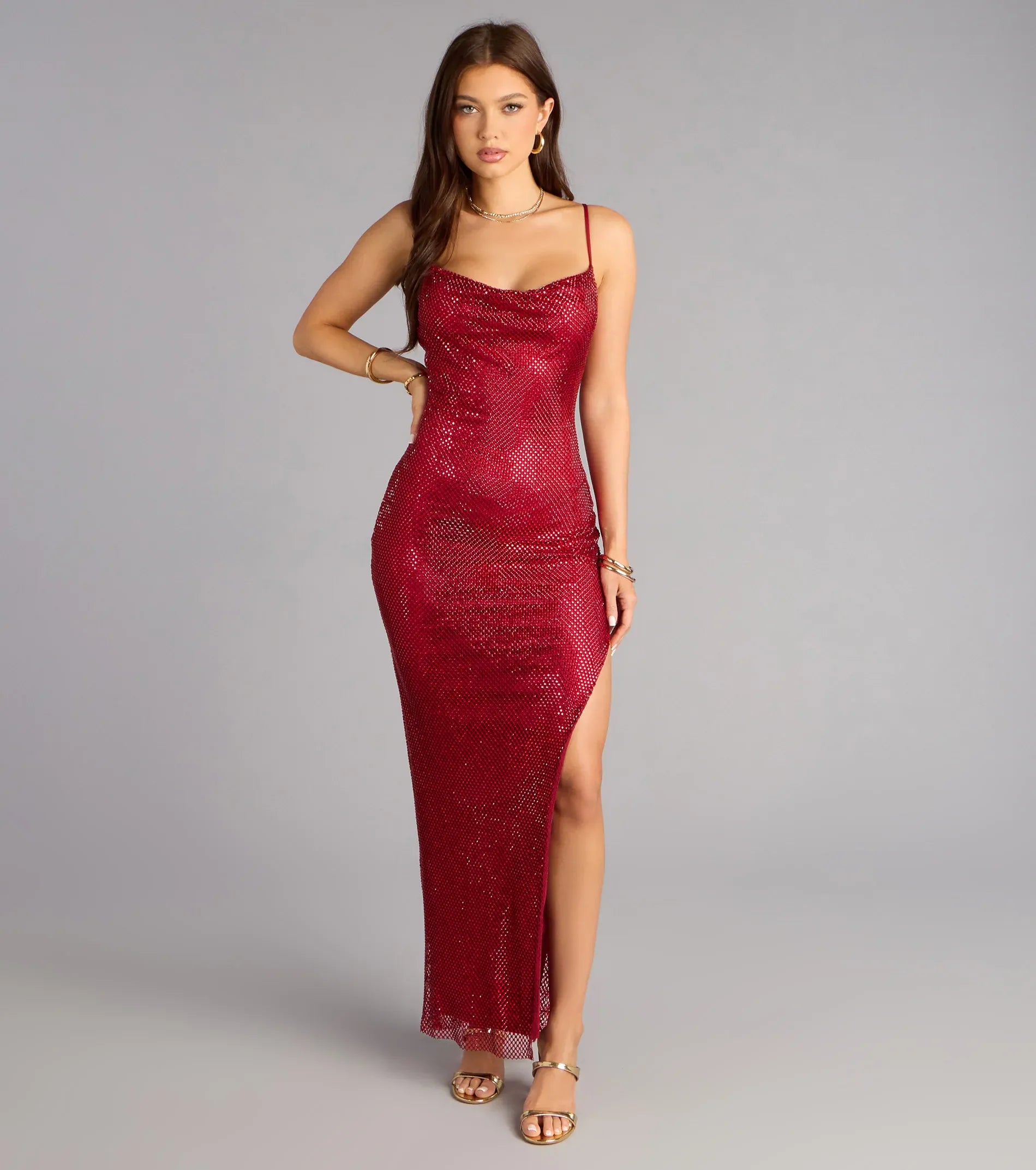 Bodycon Midi Cowl Spaghetti Low-Back Rhinestone Mesh Thigh-Slit Wedding Guest Dress
