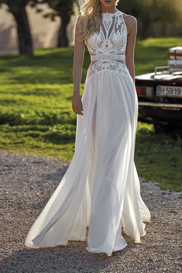 Bohemian A-Line High-Neck Sleeveless Keyhole-Back Floor-Length Wedding Dresses For Outdoor Wedding