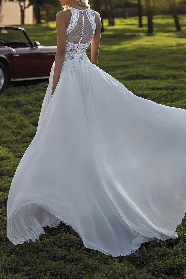 Bohemian A-Line High-Neck Sleeveless Keyhole-Back Floor-Length Wedding Dresses For Outdoor Wedding