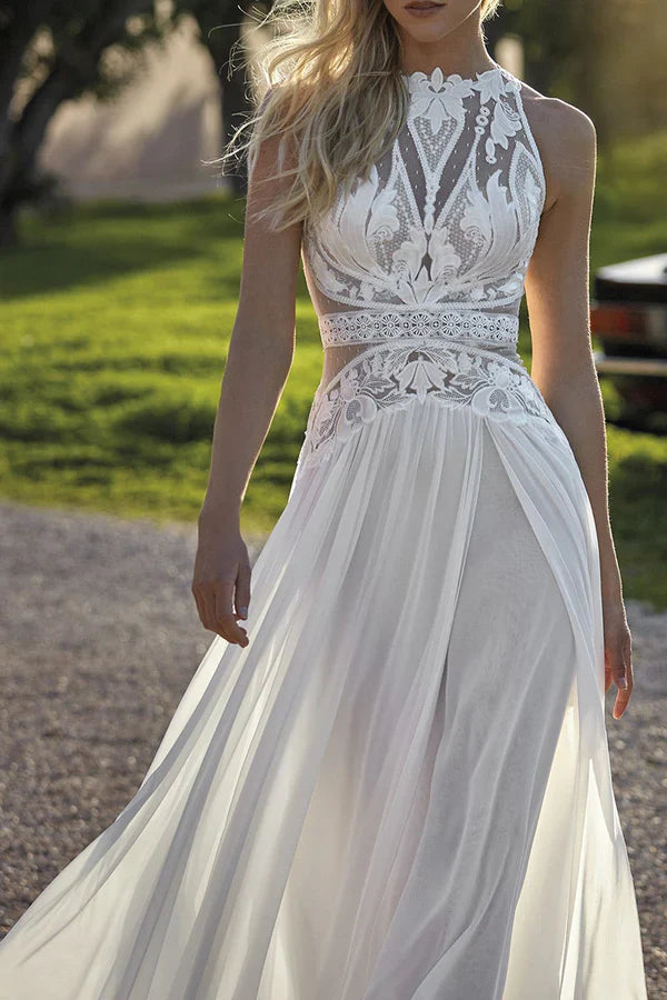 Bohemian A-Line High-Neck Sleeveless Keyhole-Back Floor-Length Wedding Dresses For Outdoor Wedding