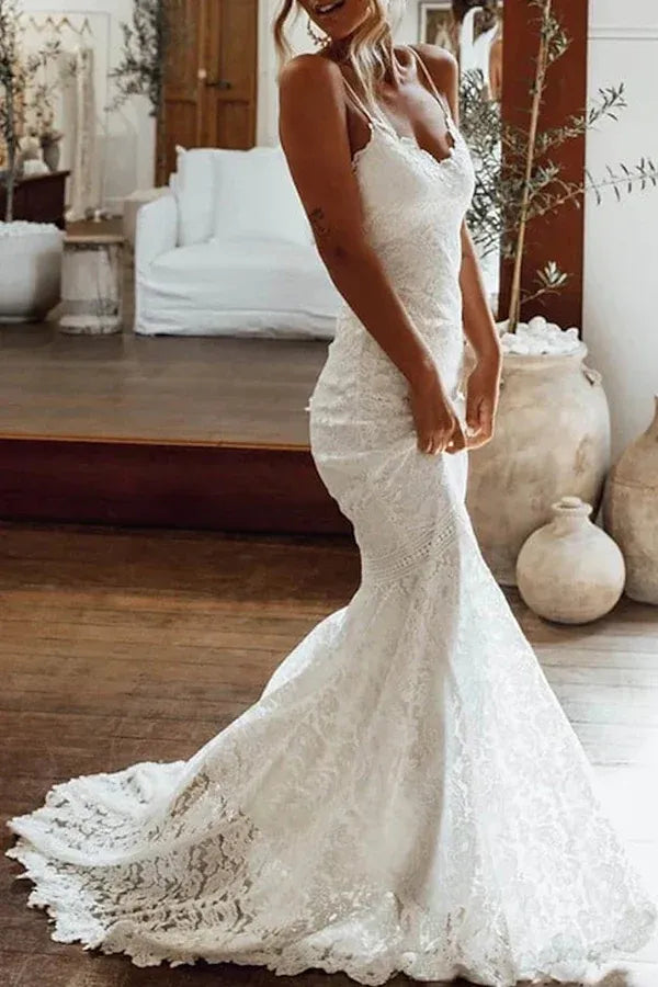 Bohemian Sweetheart Spaghetti-Strap Mermaid Floor-Length Wedding Dress