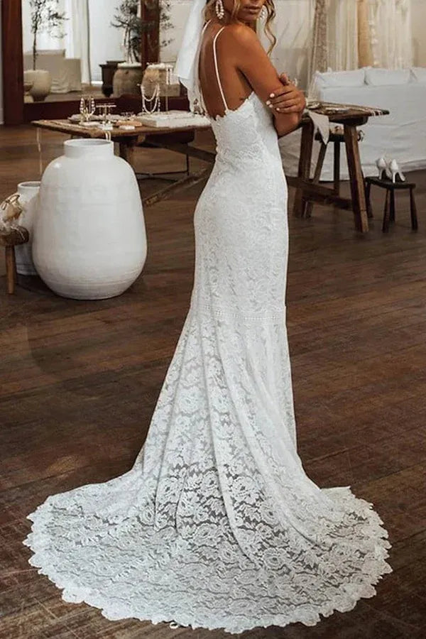 Bohemian Sweetheart Spaghetti-Strap Mermaid Floor-Length Wedding Dress