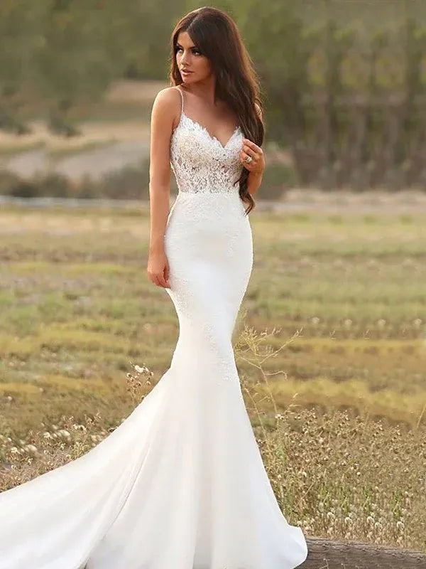 Bohemian Thin Spaghetti Strap Scalloped Lace Bodice Chiffon Mermaid Wedding Dress With Soft Flowing Sweep Train