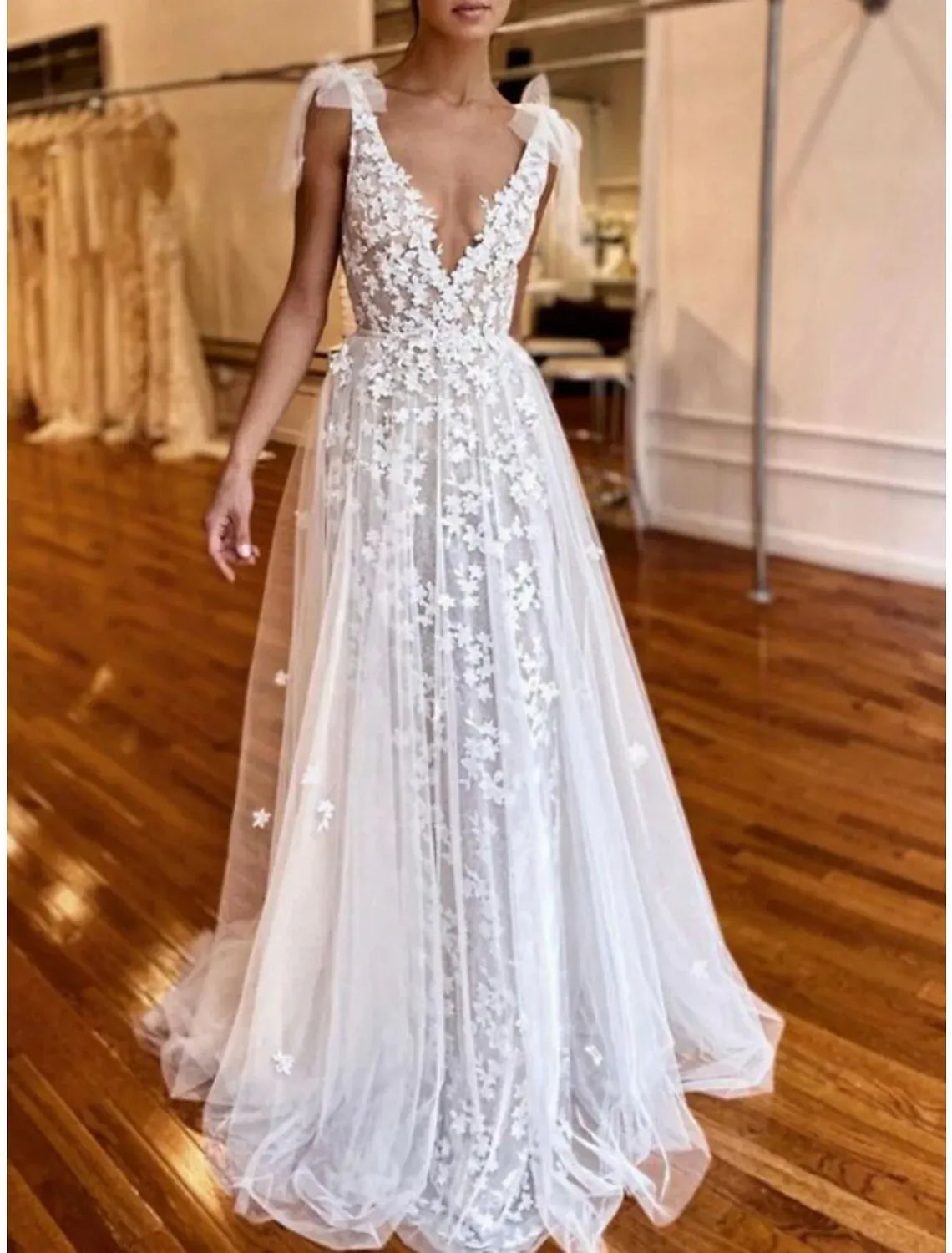 Boho A-Line Bow Strap Deep V 3D Floral Tulle Sweep Train Wedding Dress