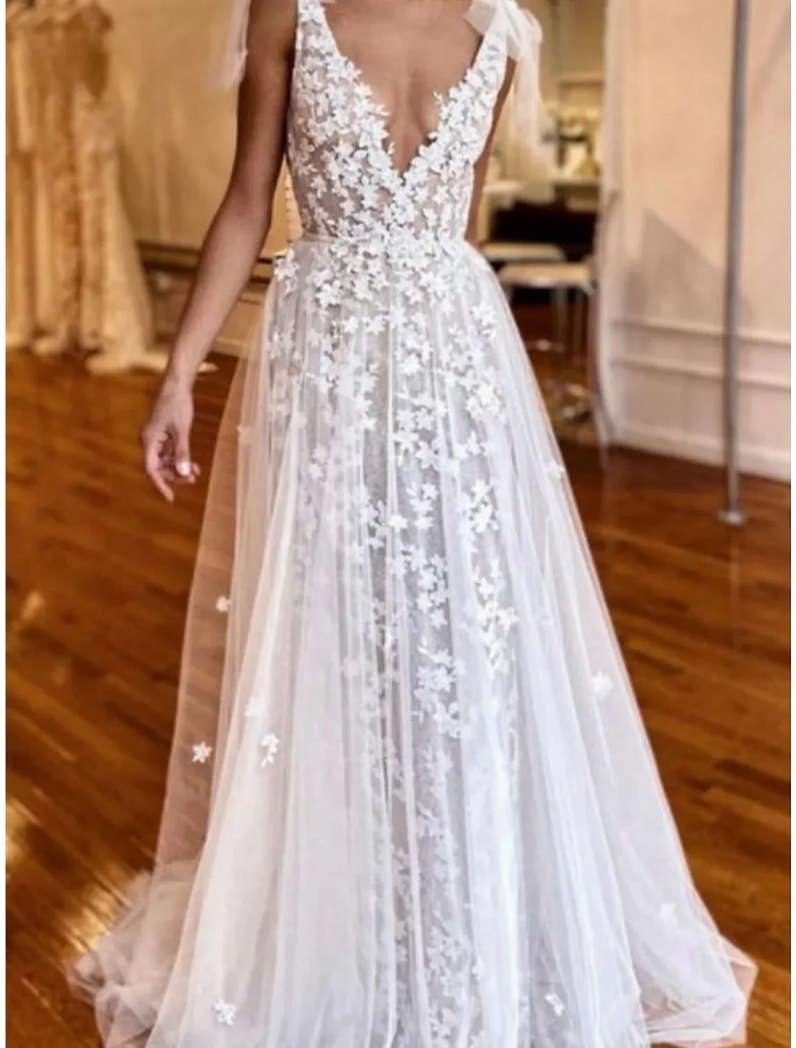 Boho A-Line Bow Strap Deep V 3D Floral Tulle Sweep Train Wedding Dress