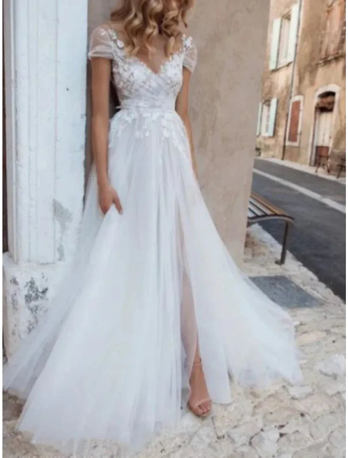 Boho A-Line Cap Sleeve Illusion V-Neck 3D Floral High Slit Tulle Wedding Dress