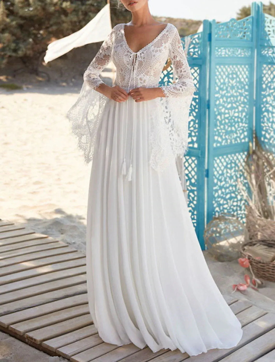 Boho A-Line Deep V Bell Sleeve Open Back Floor Wedding Dress