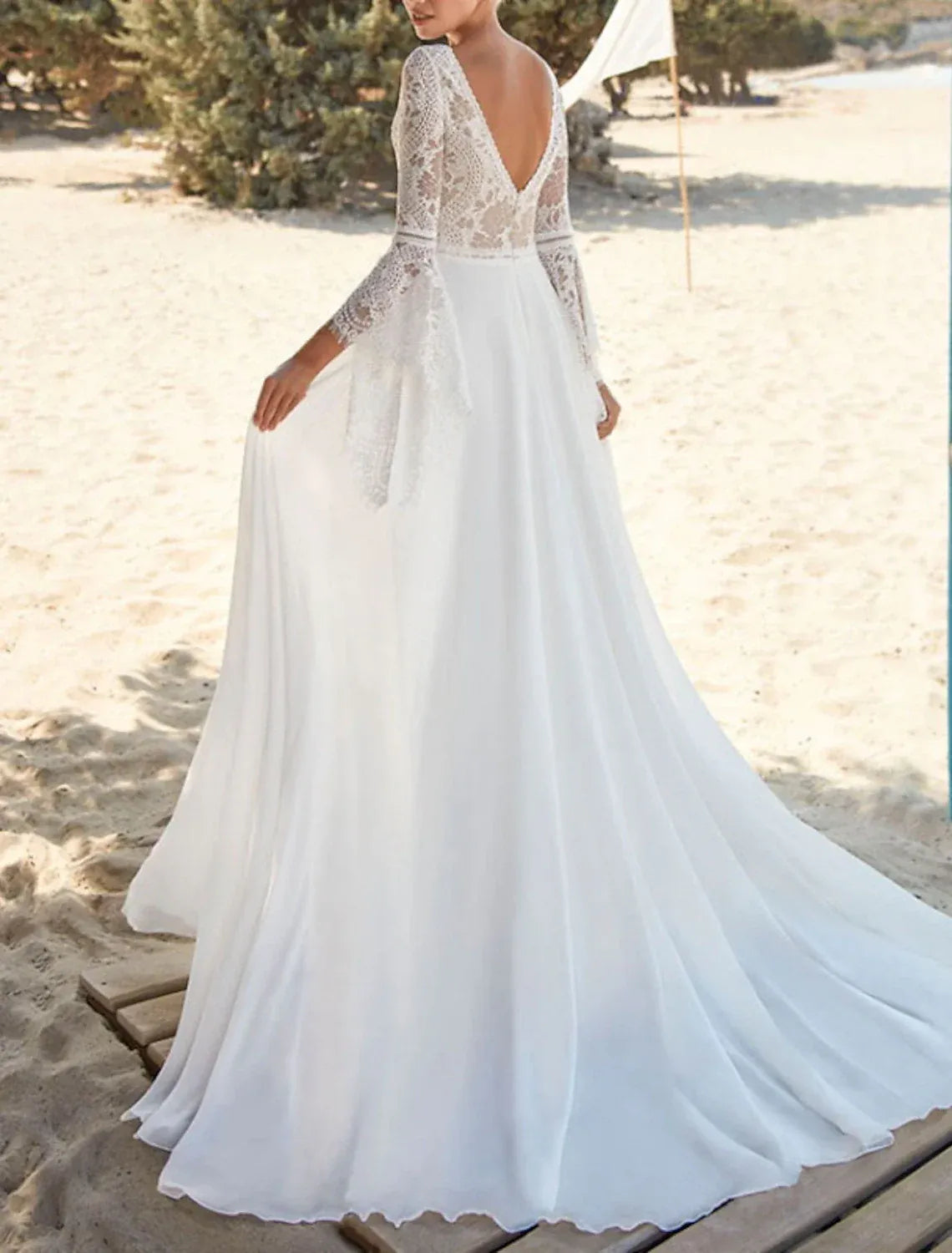 Boho A-Line Deep V Bell Sleeve Open Back Floor Wedding Dress