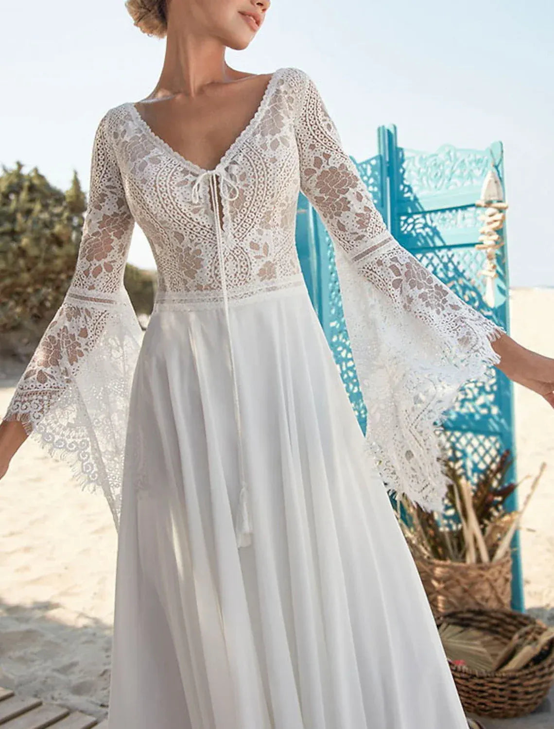 Boho A-Line Deep V Bell Sleeve Open Back Floor Wedding Dress