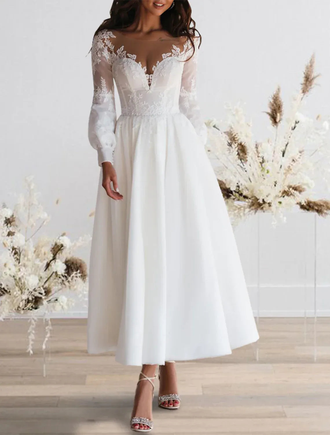 Boho A-Line Illusion Neck Puff Sleeve Pearl Back Tea Wedding Dress
