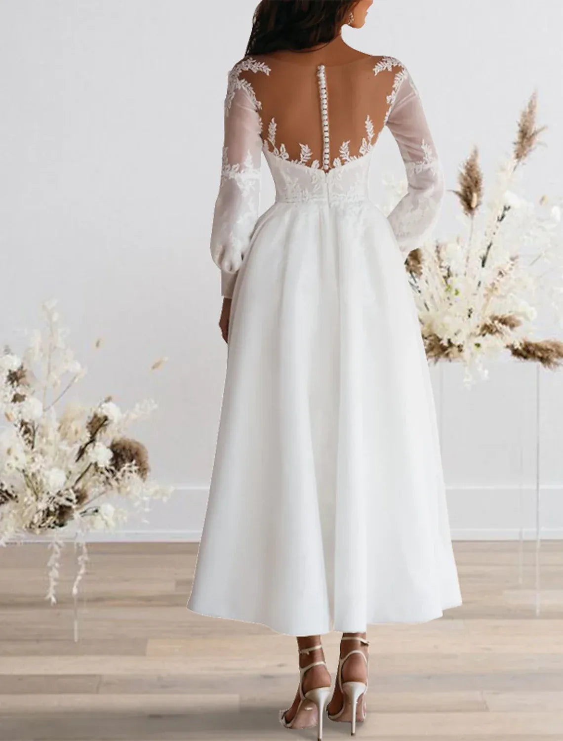 Boho A-Line Illusion Neck Puff Sleeve Pearl Back Tea Wedding Dress