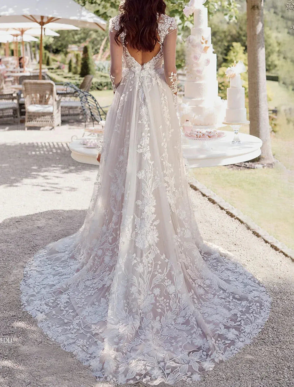 Boho A-Line Long Sleeve V-Neck 3D Floral Lace Low Back Chapel Train Wedding Dress