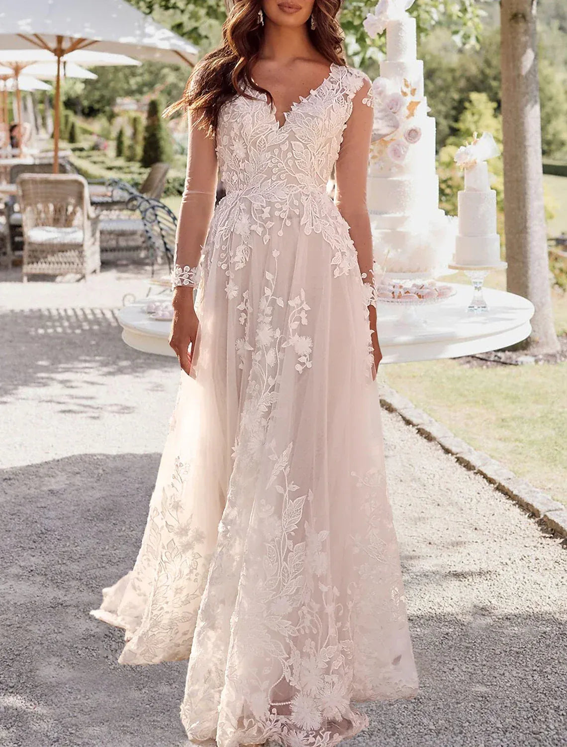 Boho A-Line Long Sleeve V-Neck 3D Floral Lace Low Back Chapel Train Wedding Dress